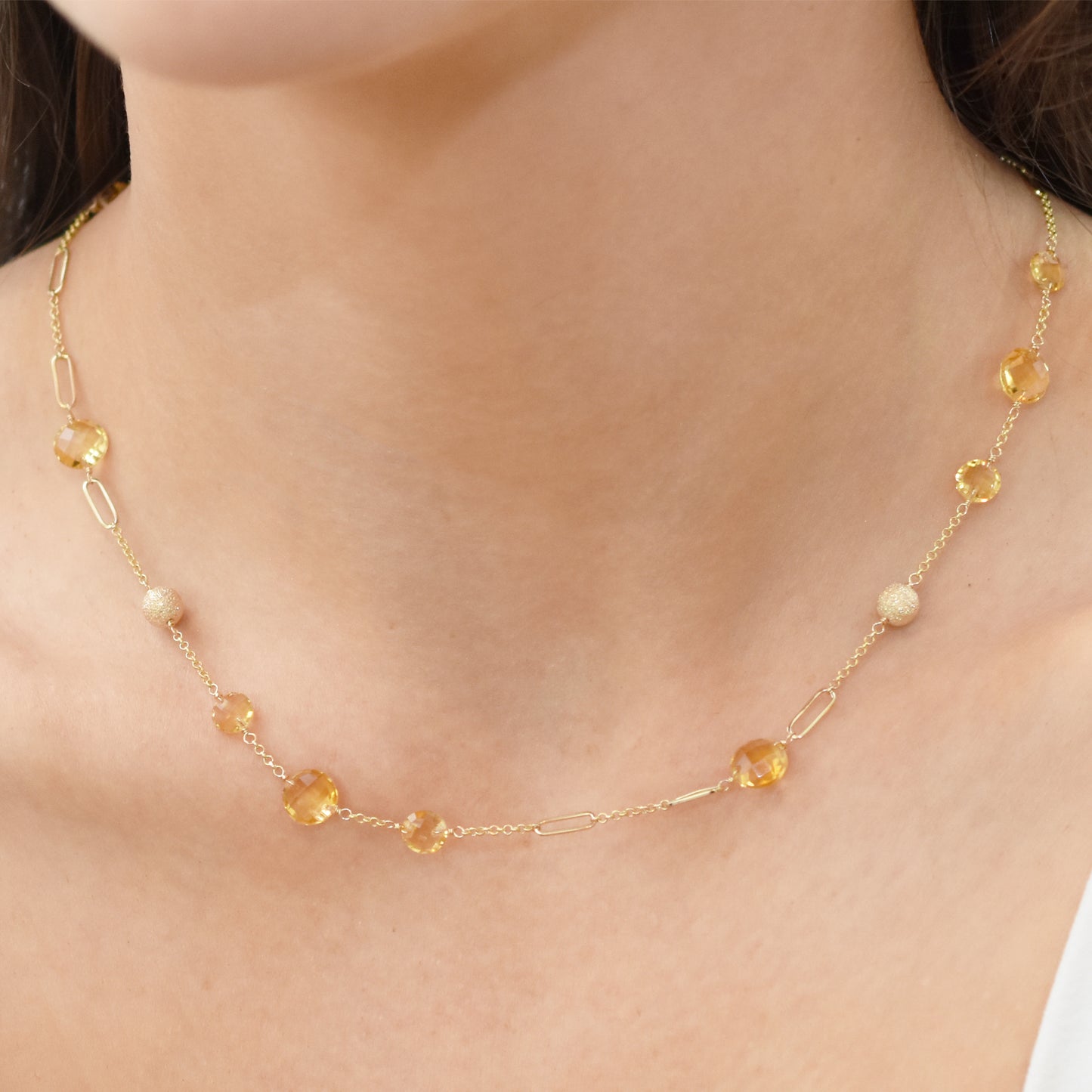 14k Coin Gemstone Fancy Station Necklace 18" Citrine