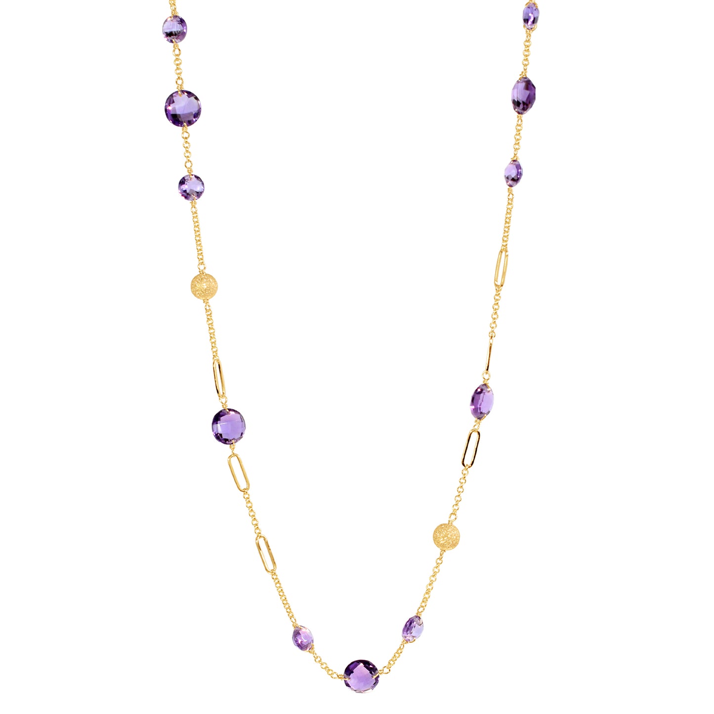 14k Coin Gemstone Fancy Station Necklace 18" Amethyst