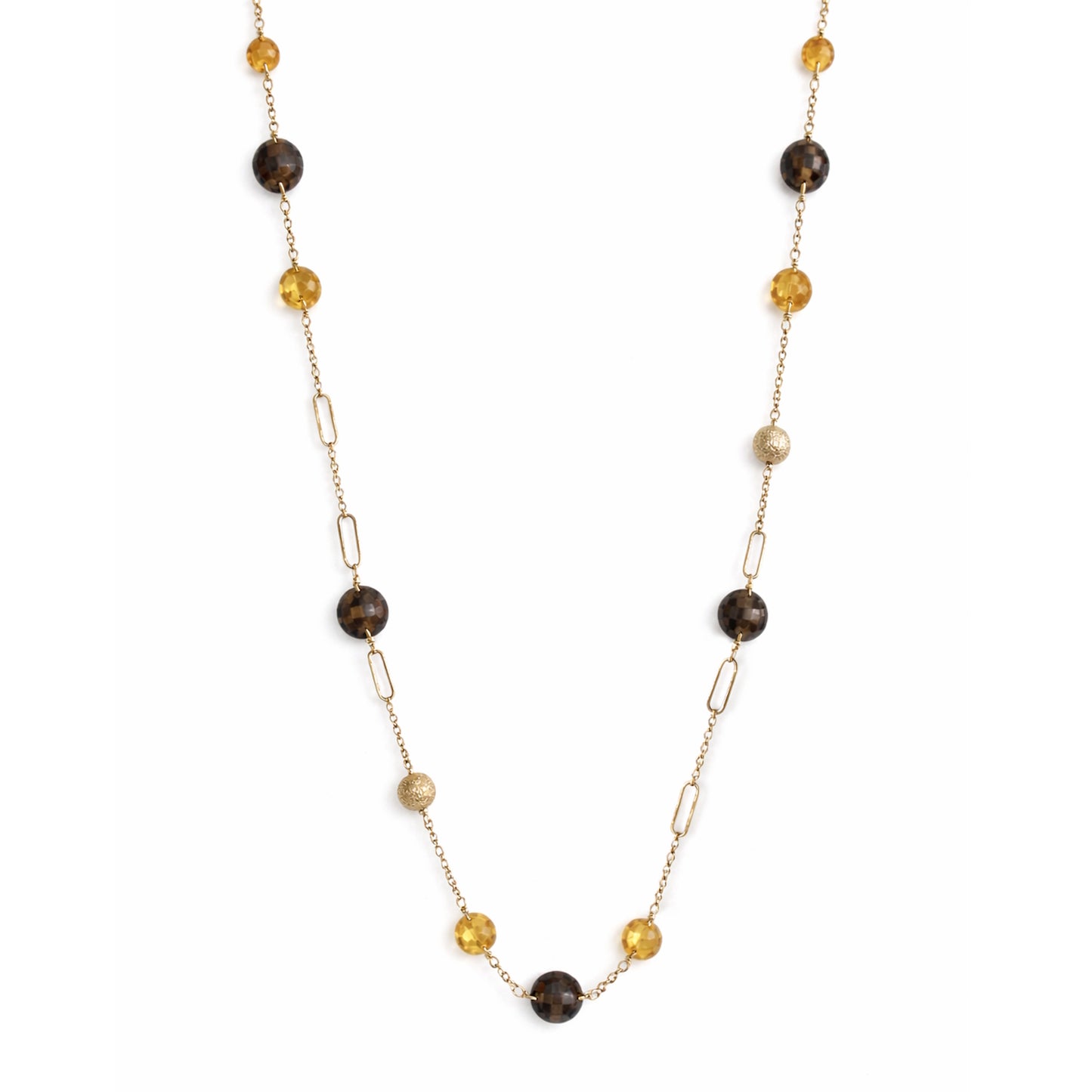 14k Citrine Smoky Quartz Coin Fancy Station Necklace