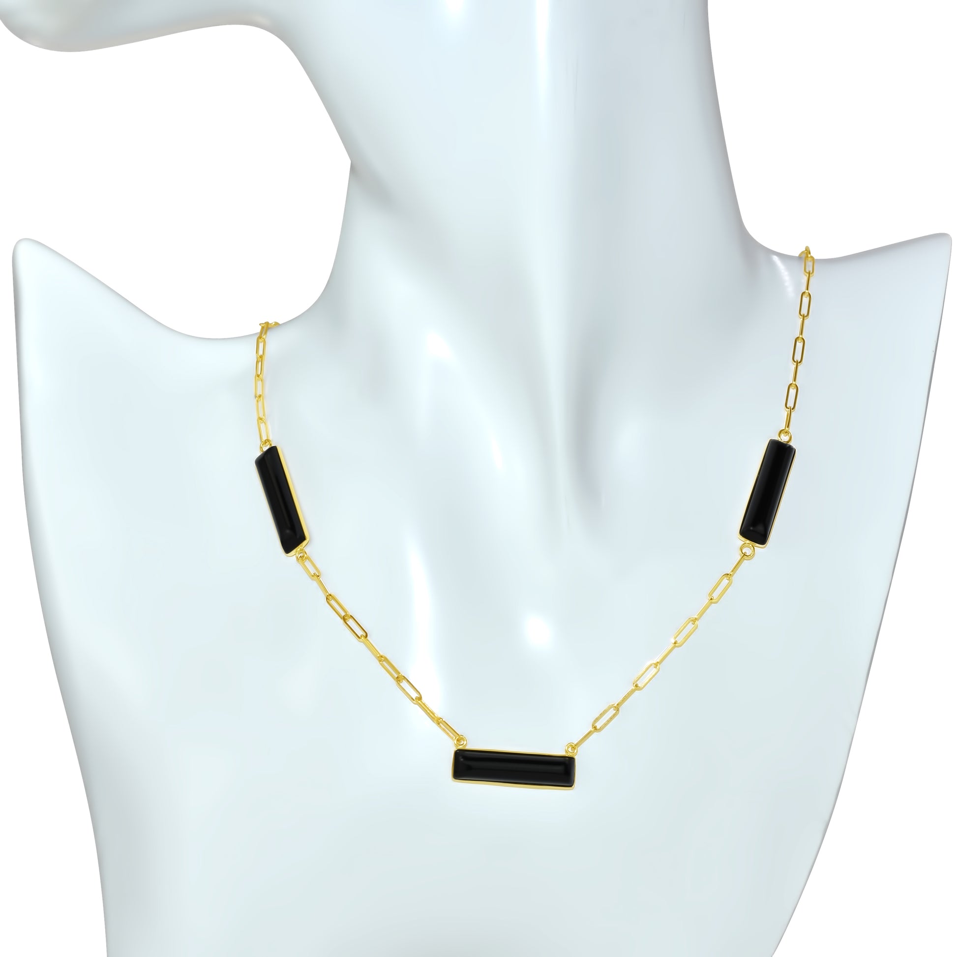 14k Yellow Gold Blk Onyx 3 Station Paperclip Chian Necklace 18"