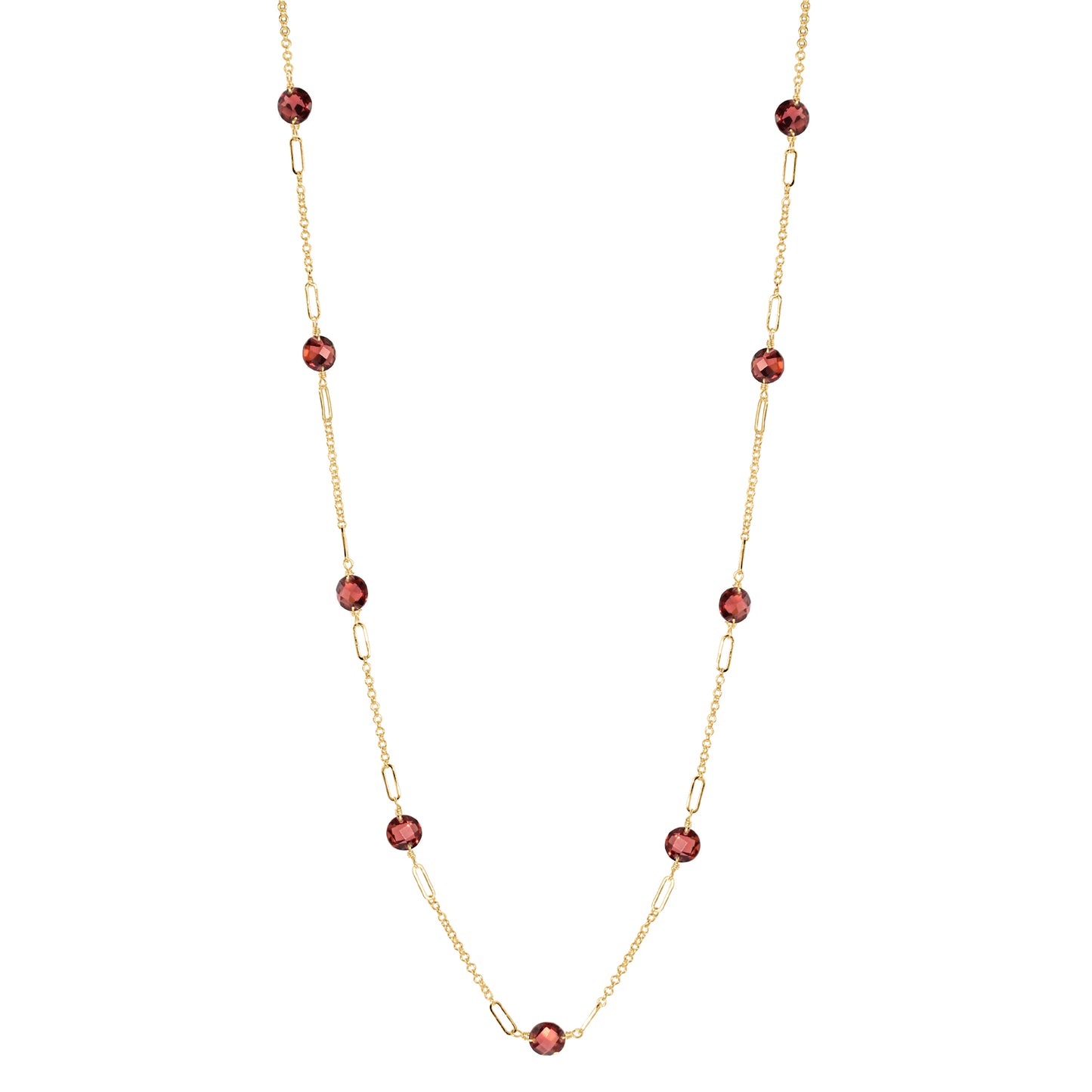 14k Gemstone Coin 9 Fancy Station Necklace 17" Garnet