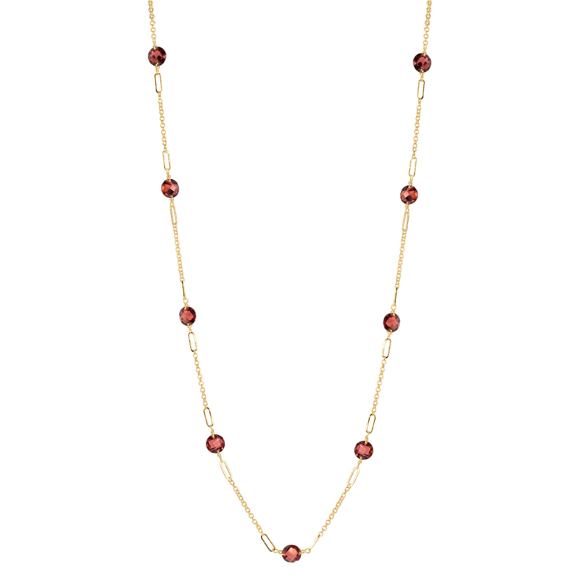 14k Gemstone Coin 9 Fancy Station Necklace 17" Garnet