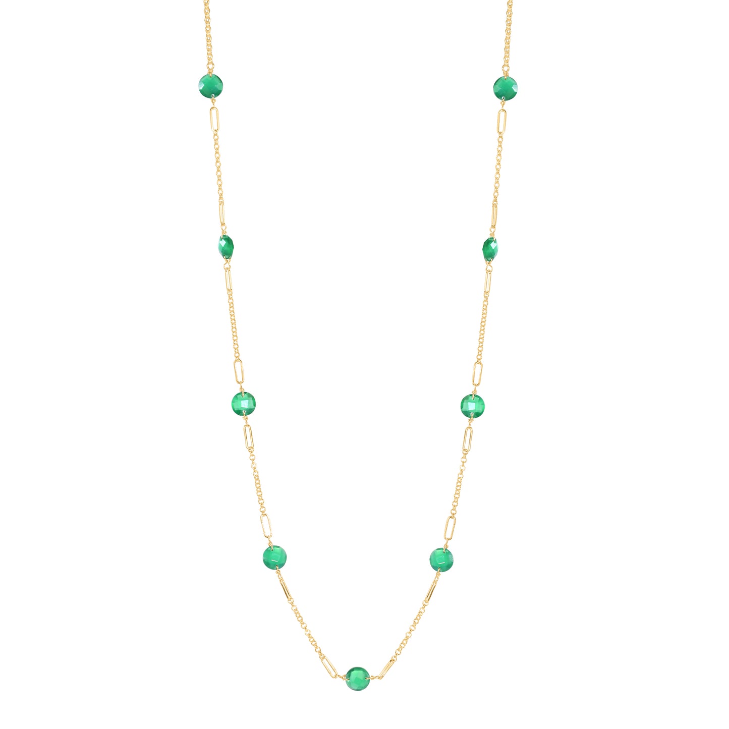 14k Gemstone Coin 9 Fancy Station Necklace 17" Green Onyx