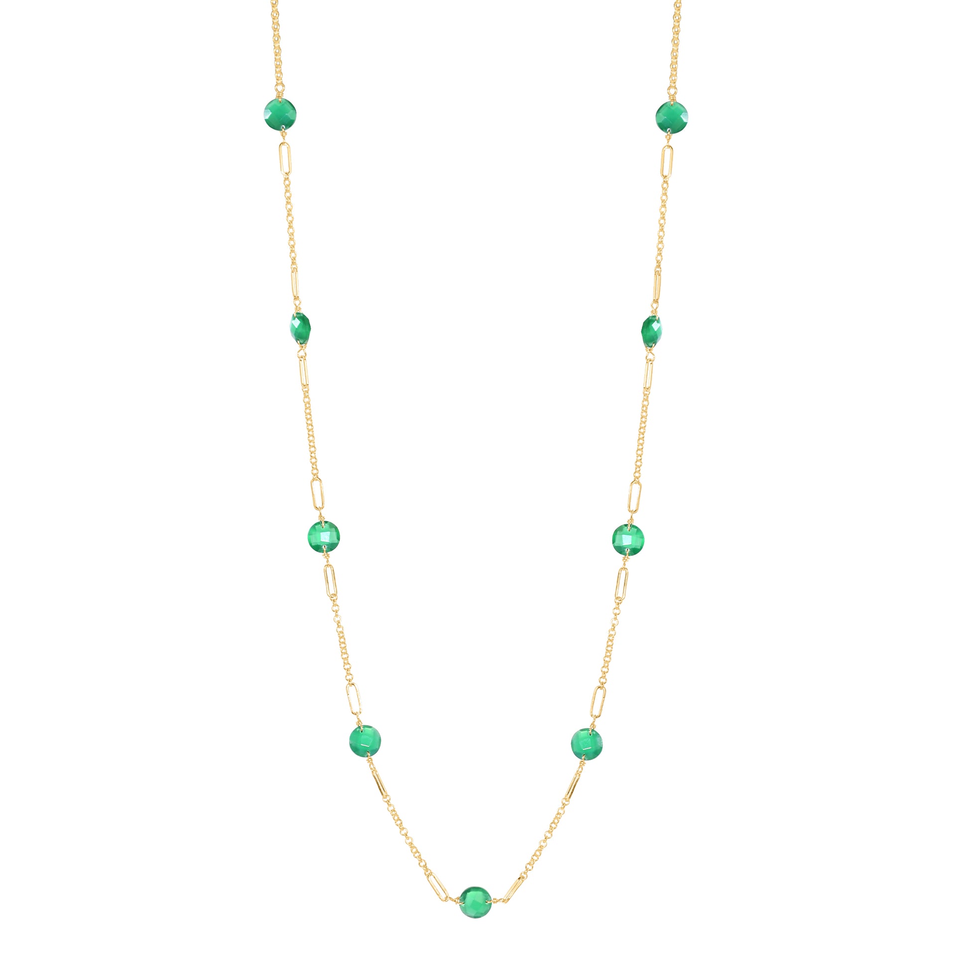14k Gemstone Coin 9 Fancy Station Necklace 17" Green Onyx