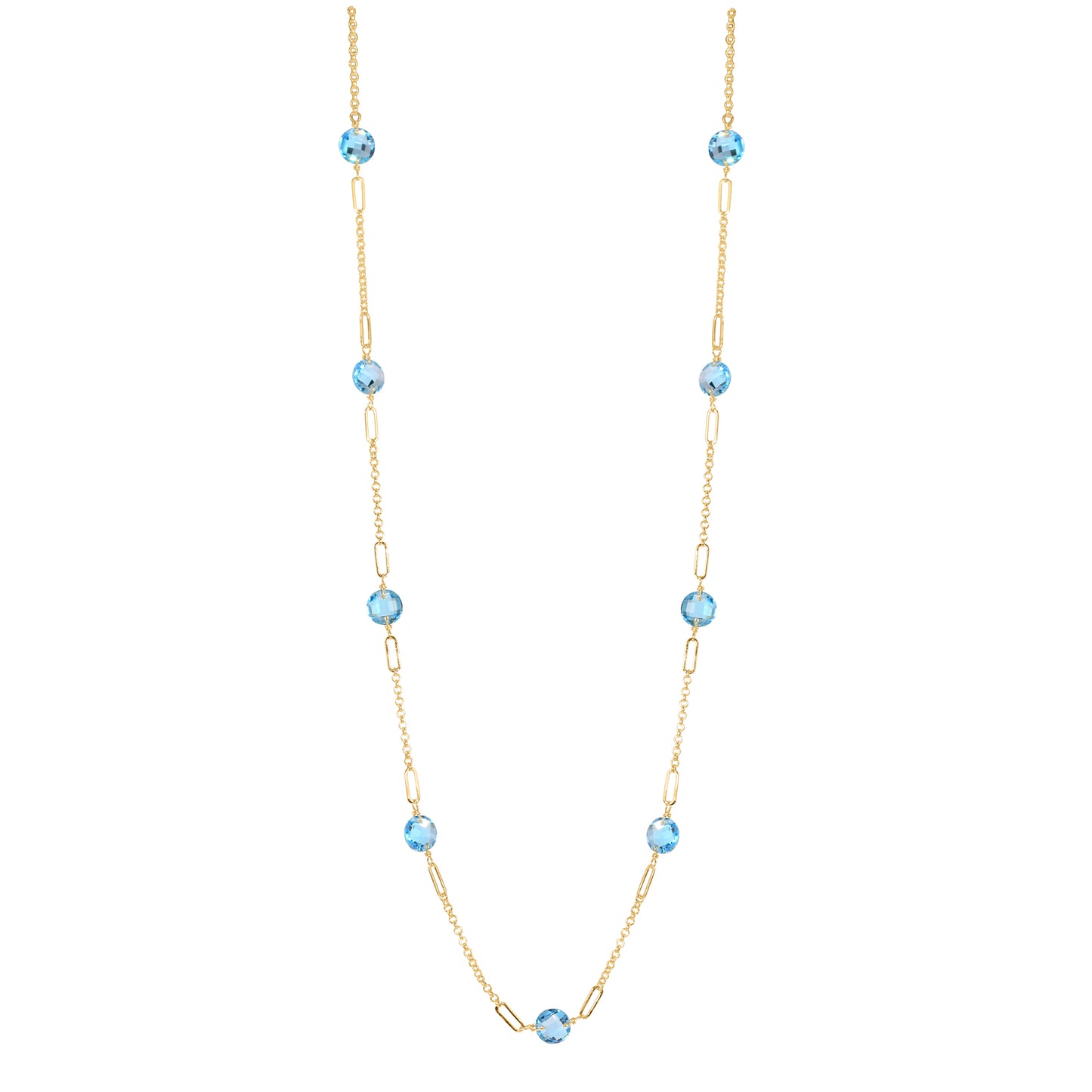 14k Gemstone Coin 9 Fancy Station Necklace 17" Swiss Blue Topaz