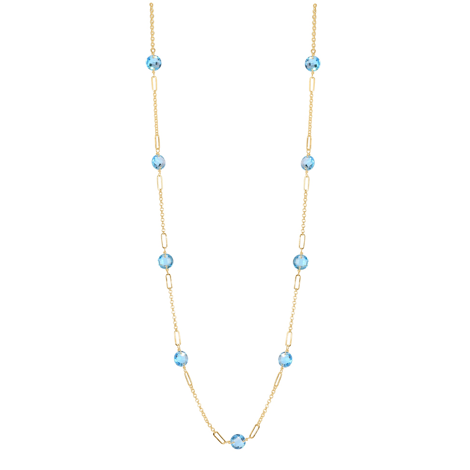 14k Gemstone Coin 9 Fancy Station Necklace 17" Swiss Blue Topaz