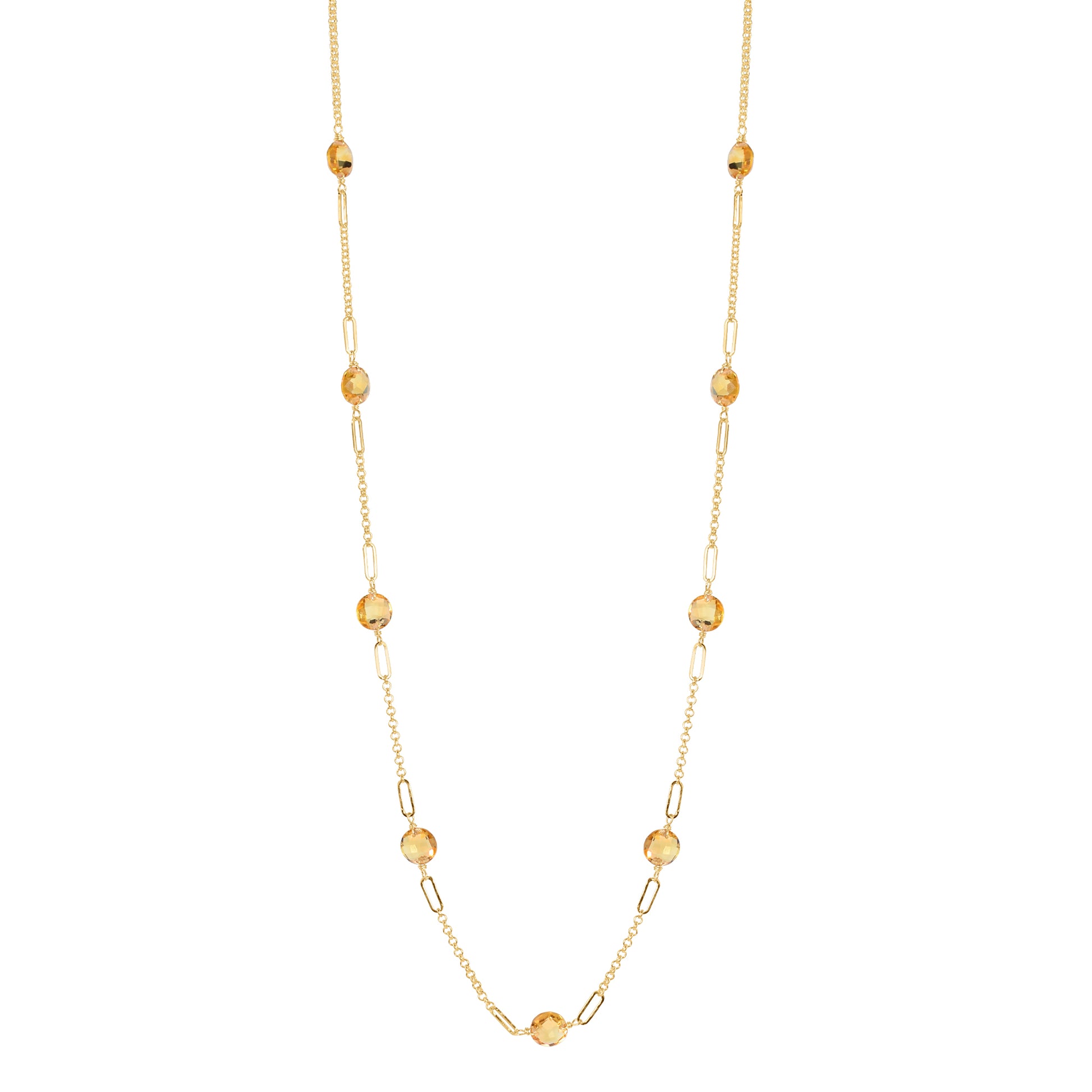 14k Gemstone Coin 9 Fancy Station Necklace 17" Citrine