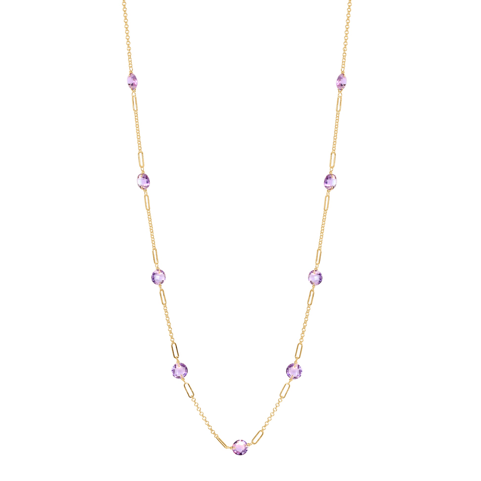 14k Gemstone Coin 9 Fancy Station Necklace 17" Amethyst