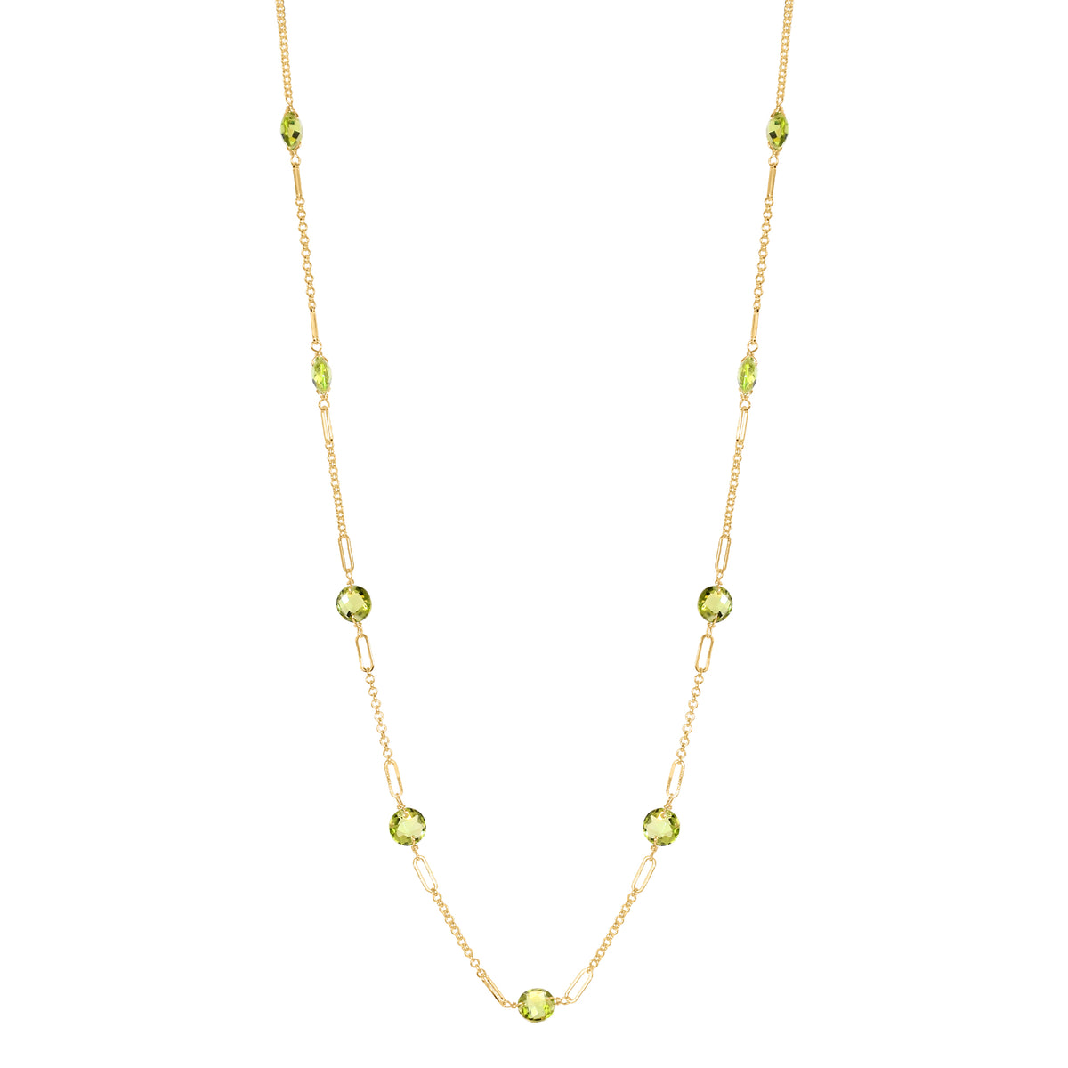 14k Gemstone Coin 9 Fancy Station Necklace 17" Peridot