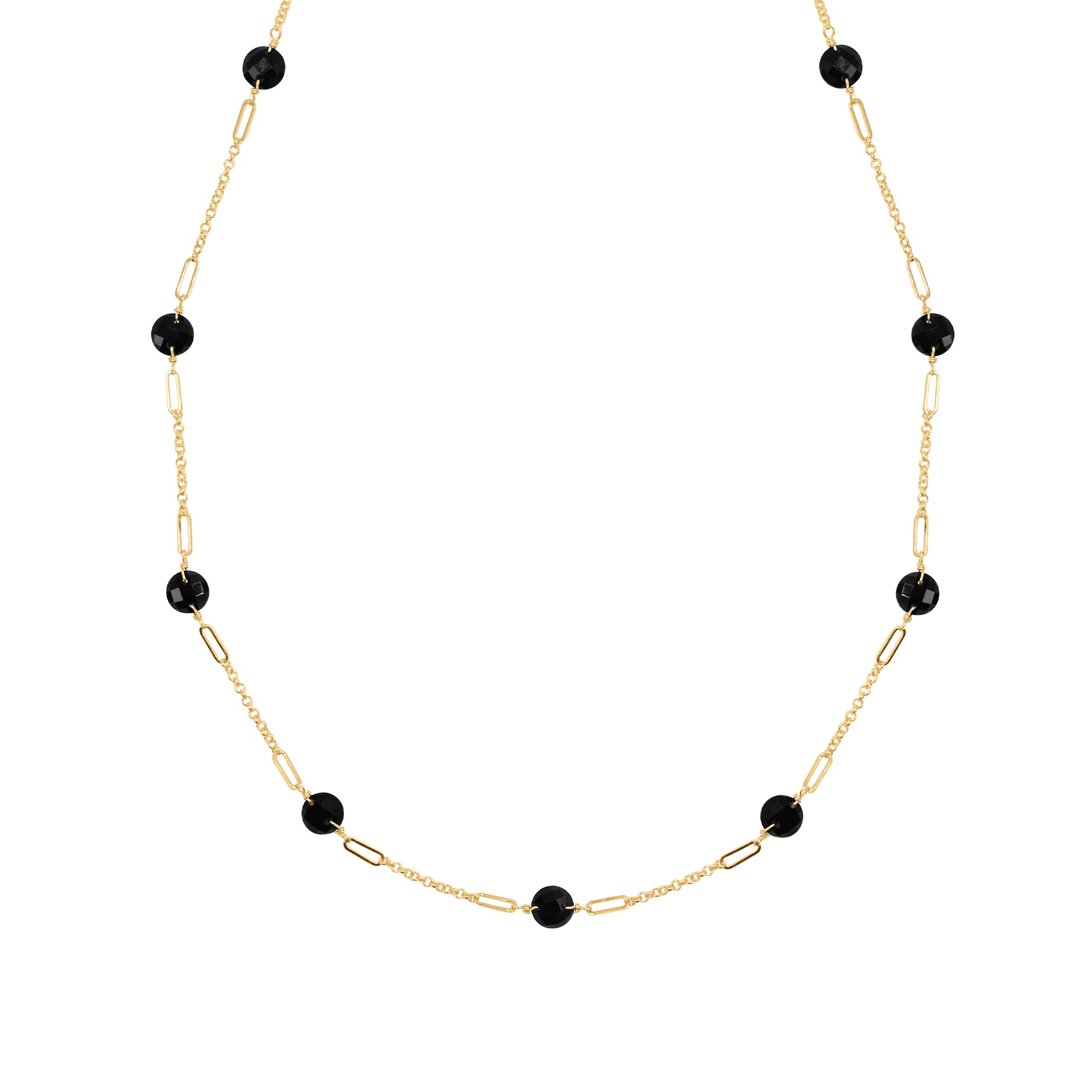 14k Gemstone Coin 9 Fancy Station Necklace 17" Black Onyx