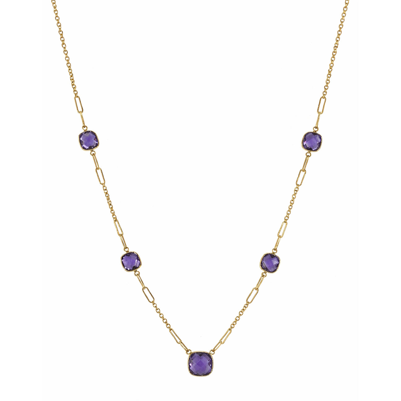 14k Amethyst 5 Cushion Station Necklace