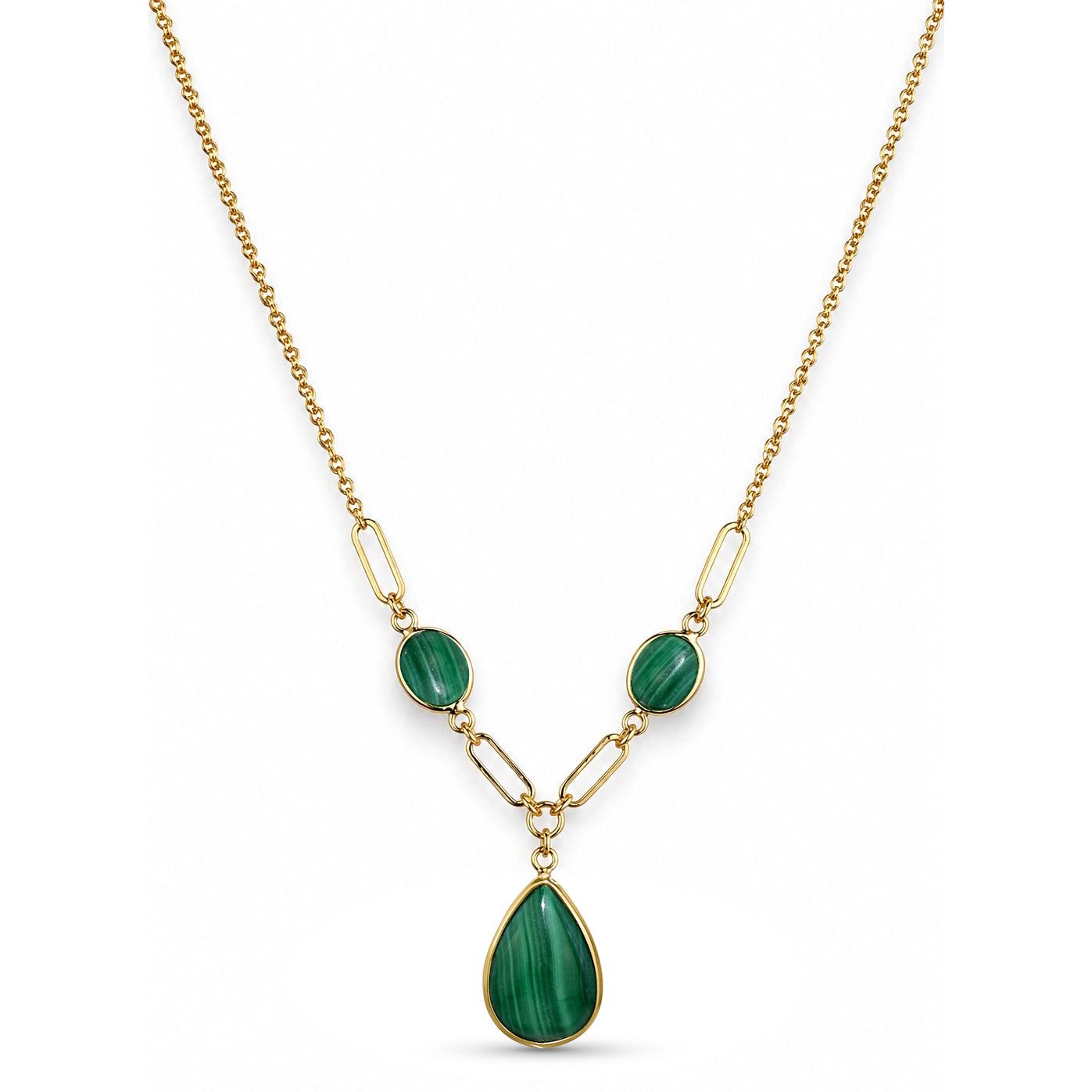 14k Malachite Paperclip Station Pendant Necklace