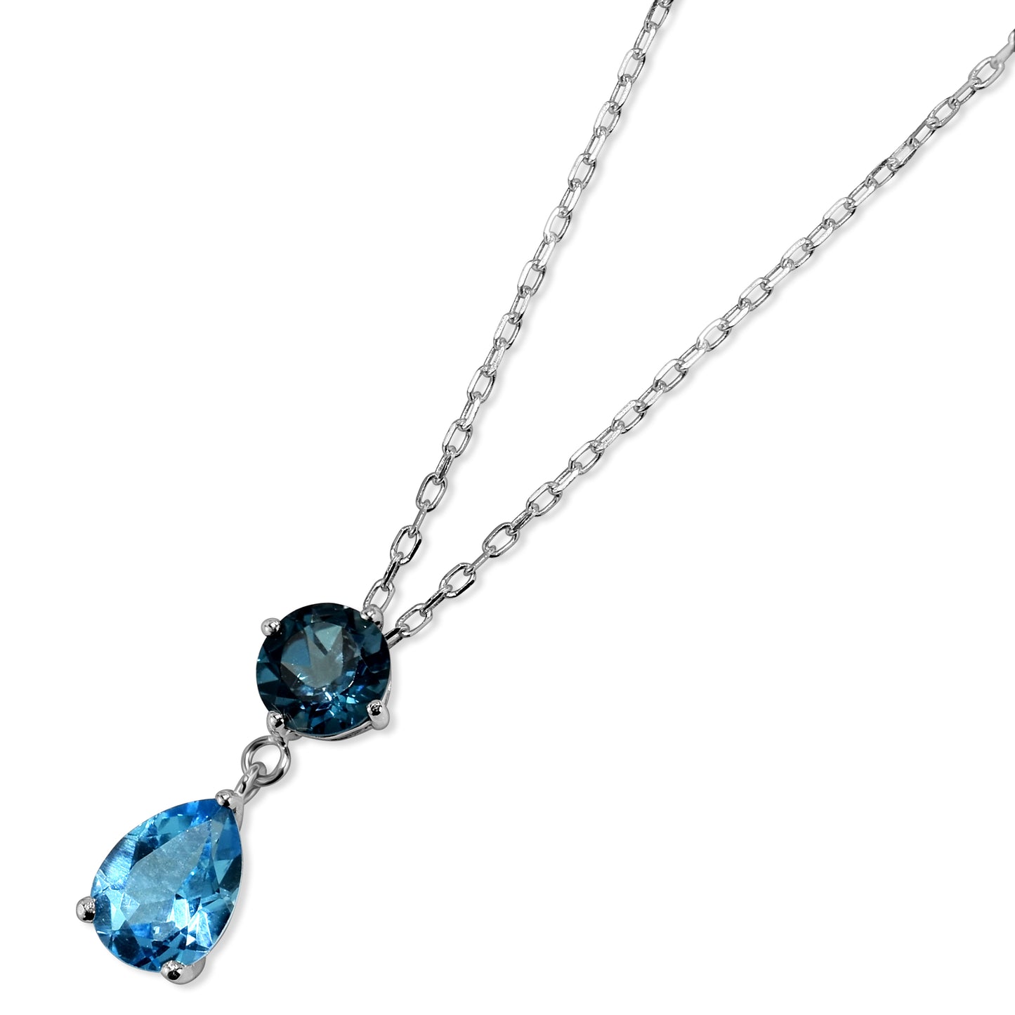 14k White Gold London & Swiss Blue Topaz Drop Pendant Necklace