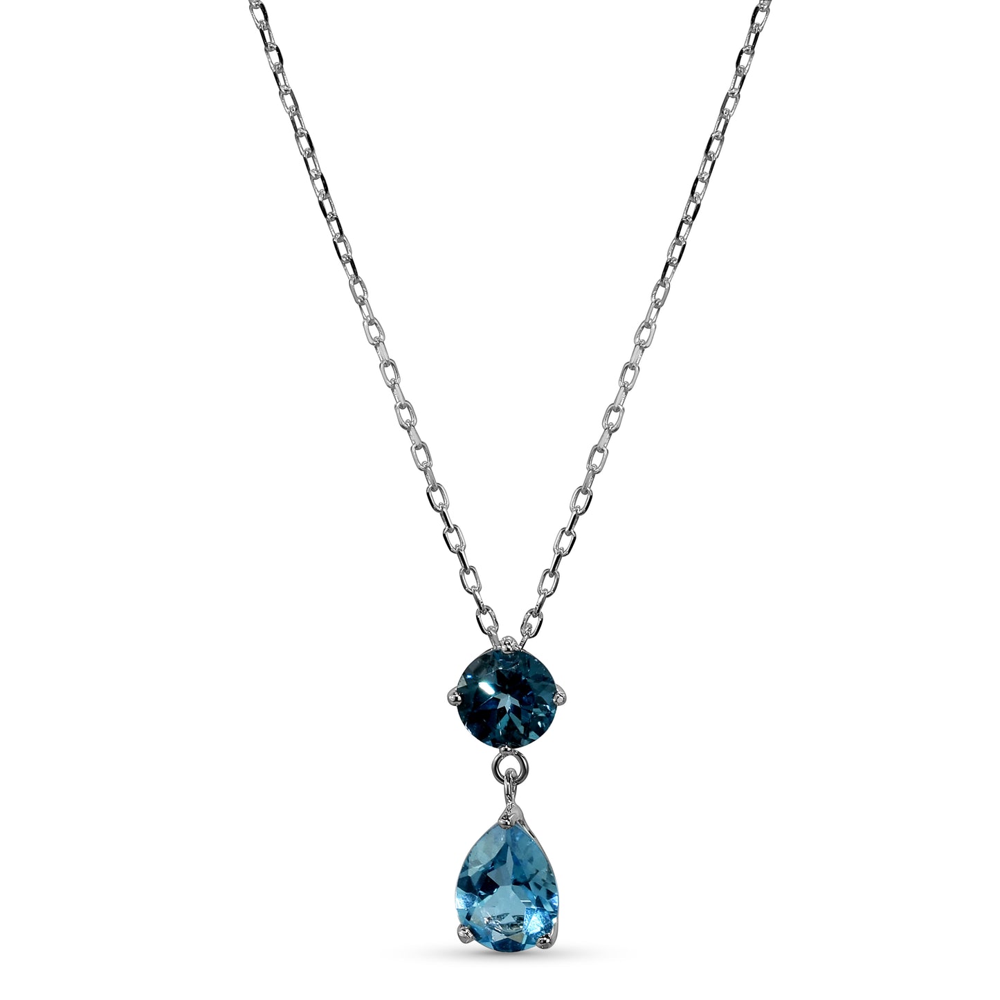 14k White Gold London & Swiss Blue Topaz Drop Pendant Necklace