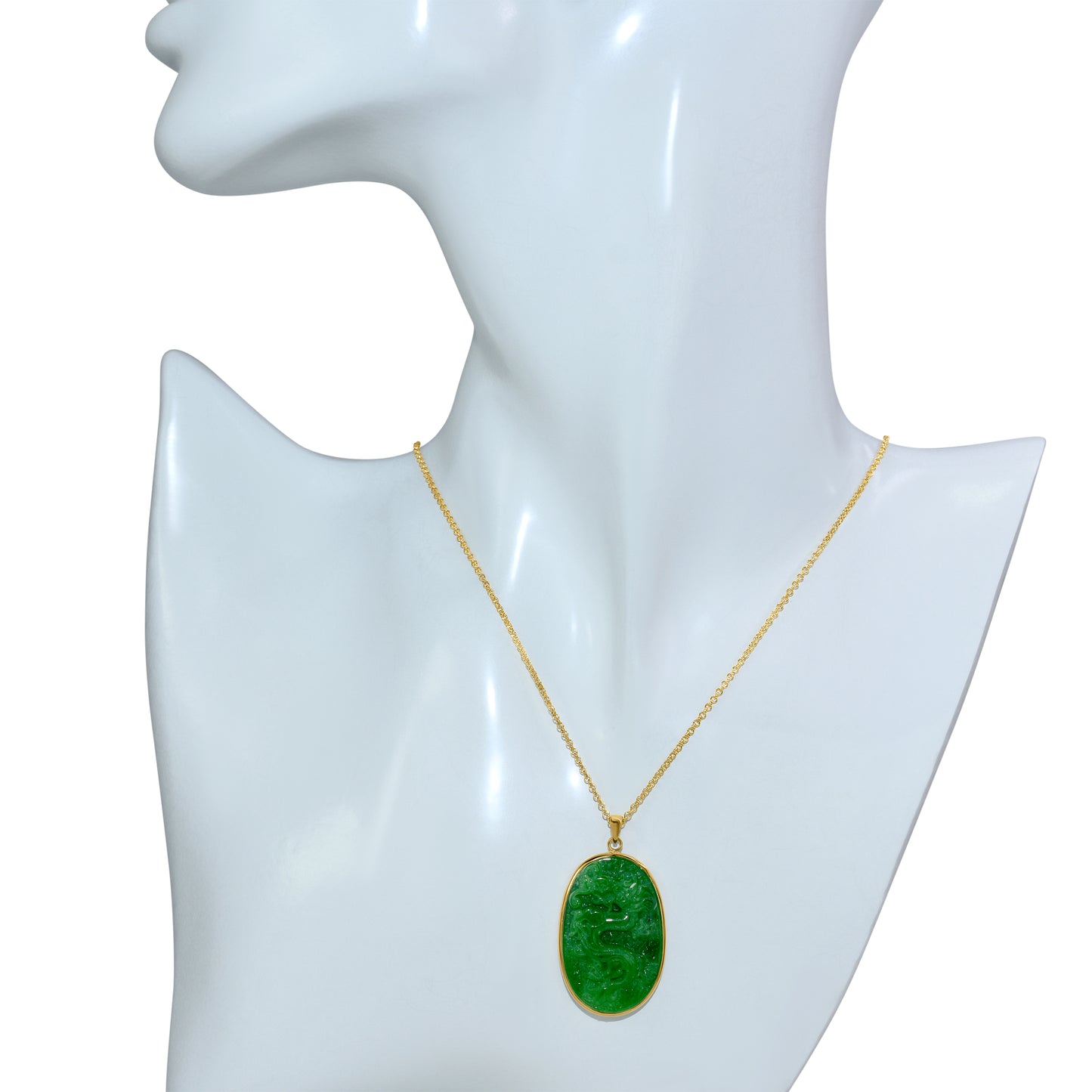 14k Green Jade Carved Dragon Oval Pendant Necklace