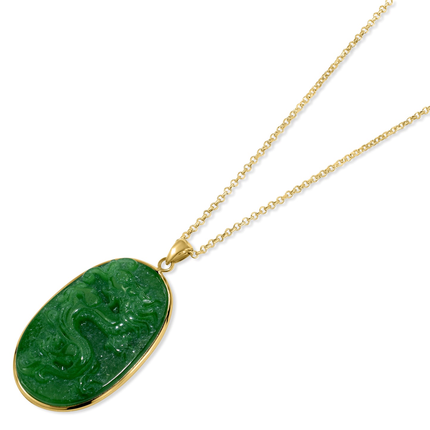 14k Green Jade Carved Dragon Oval Pendant Necklace