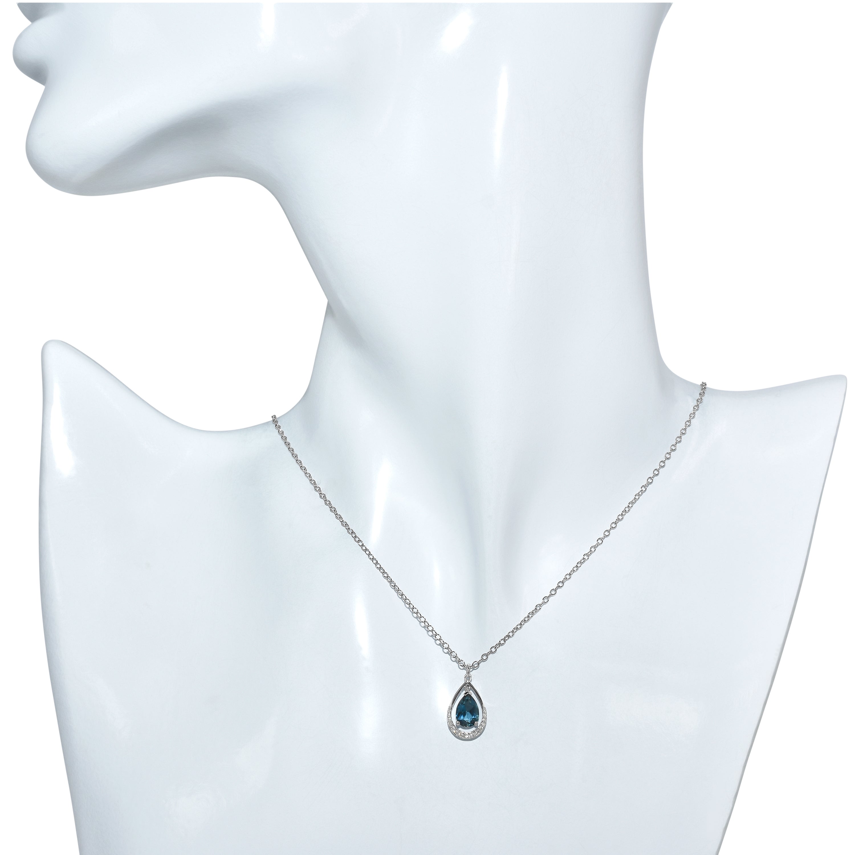 14k White Gold London Blue Topaz Diamond Pear Shape Pendant Necklace