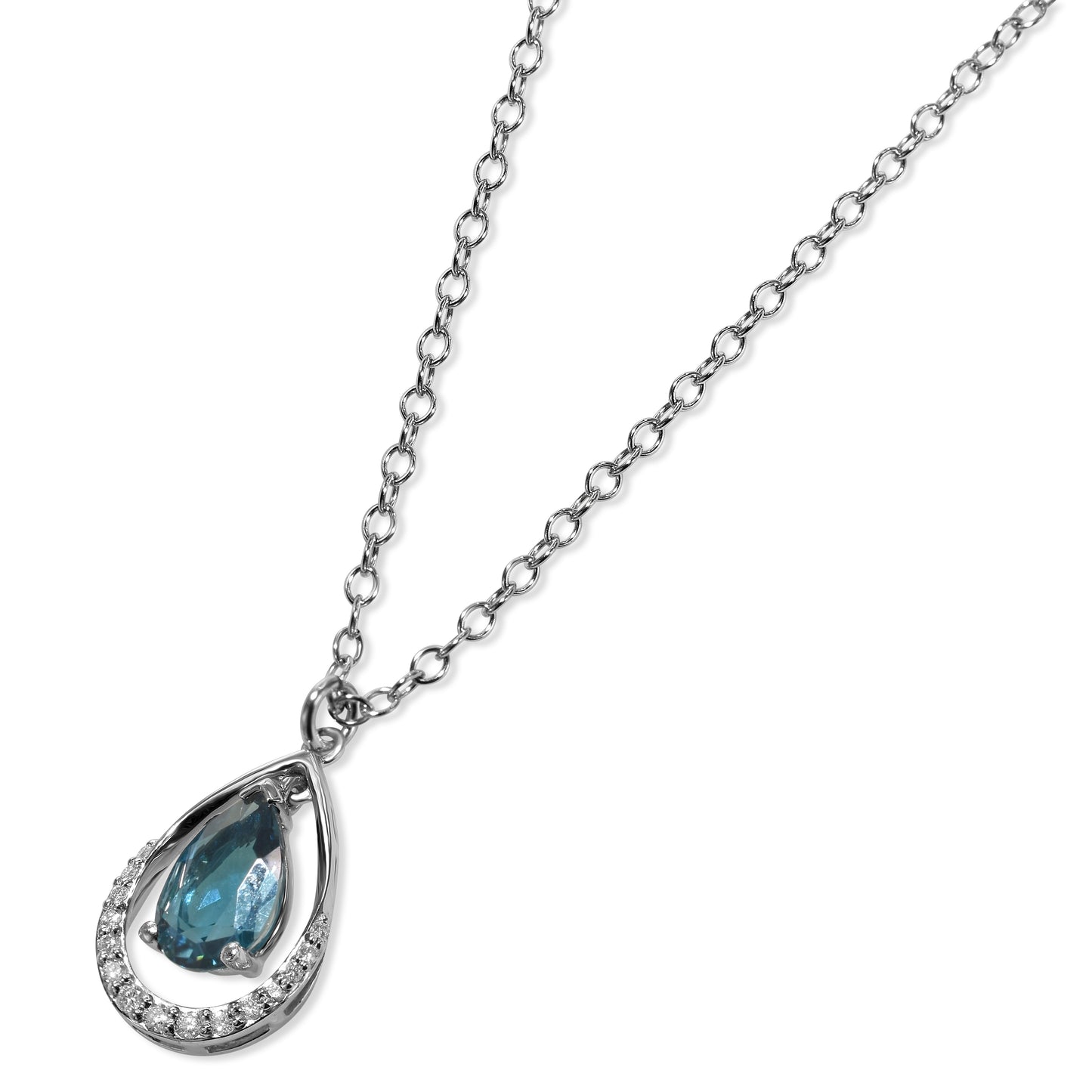 14k White Gold London Blue Topaz Diamond Pear Shape Pendant Necklace
