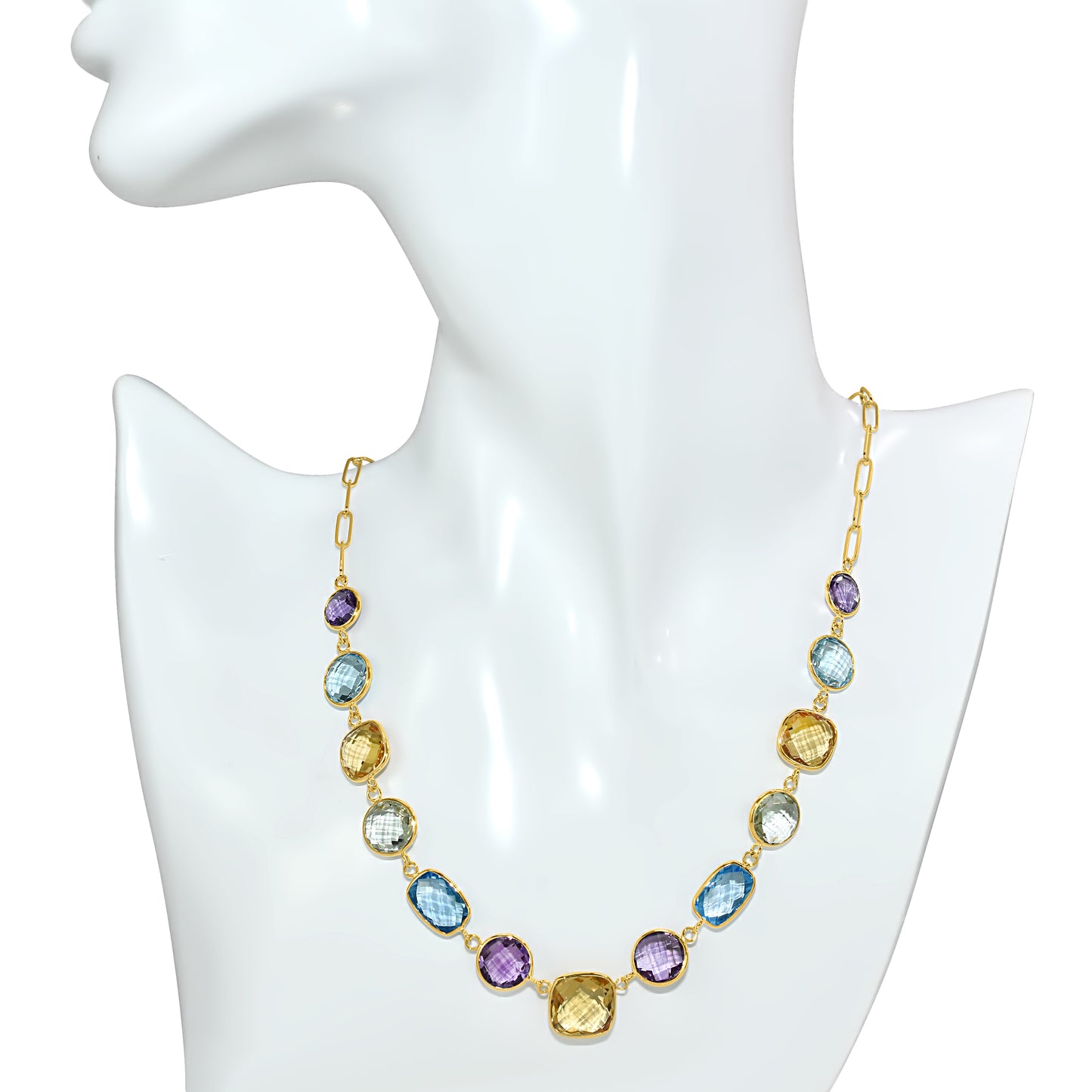 14k Yellow Gold Multi Gemstone Paperclip Necklace