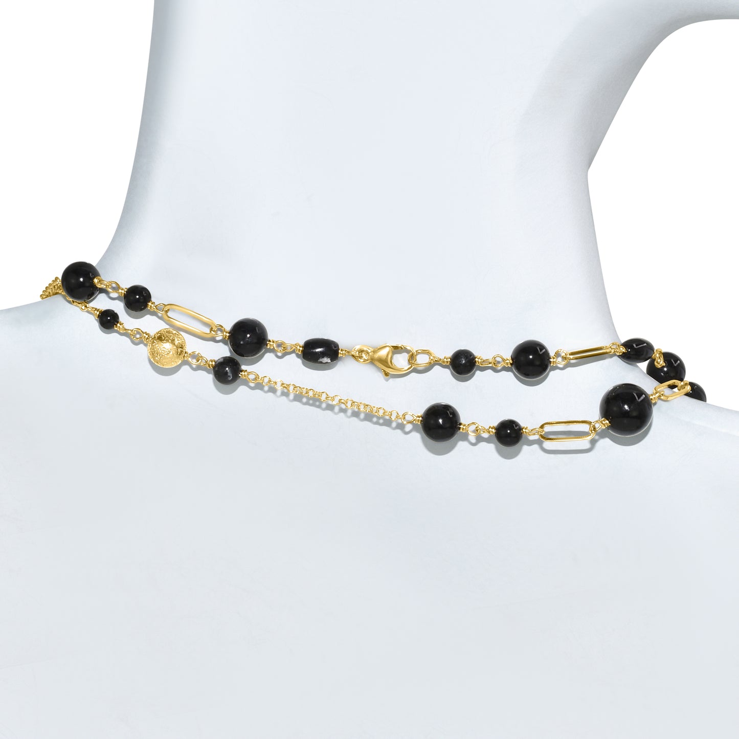 14k Black Onyx Paperclip Gold Ball Station Necklace