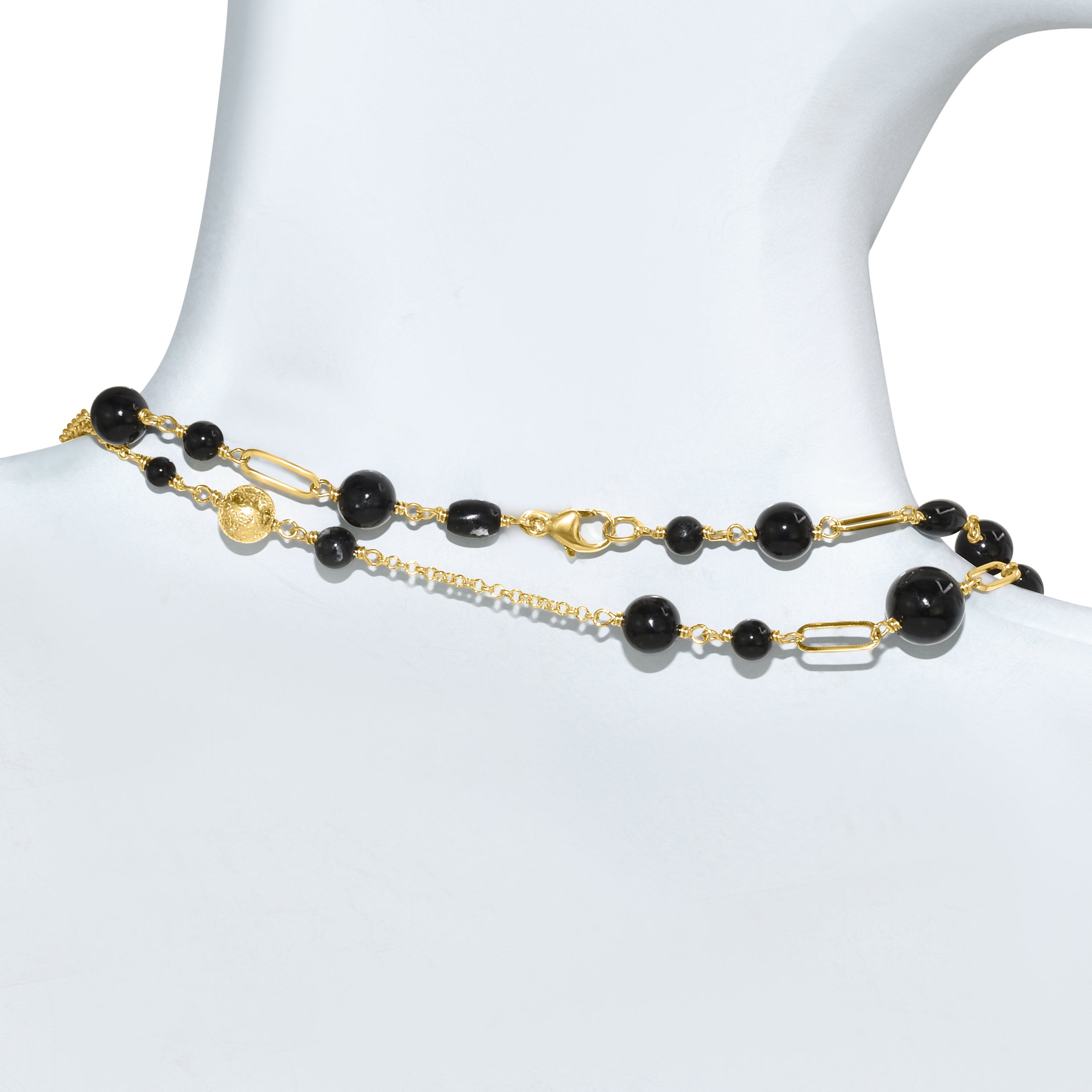 14k Black Onyx Paperclip Gold Ball Station Necklace