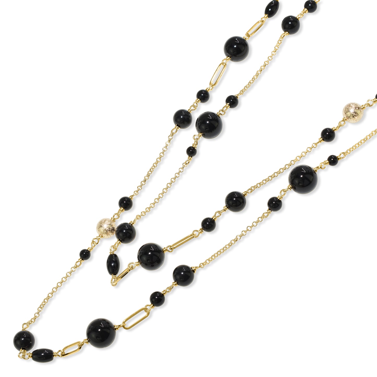 14k Black Onyx Paperclip Gold Ball Station Necklace