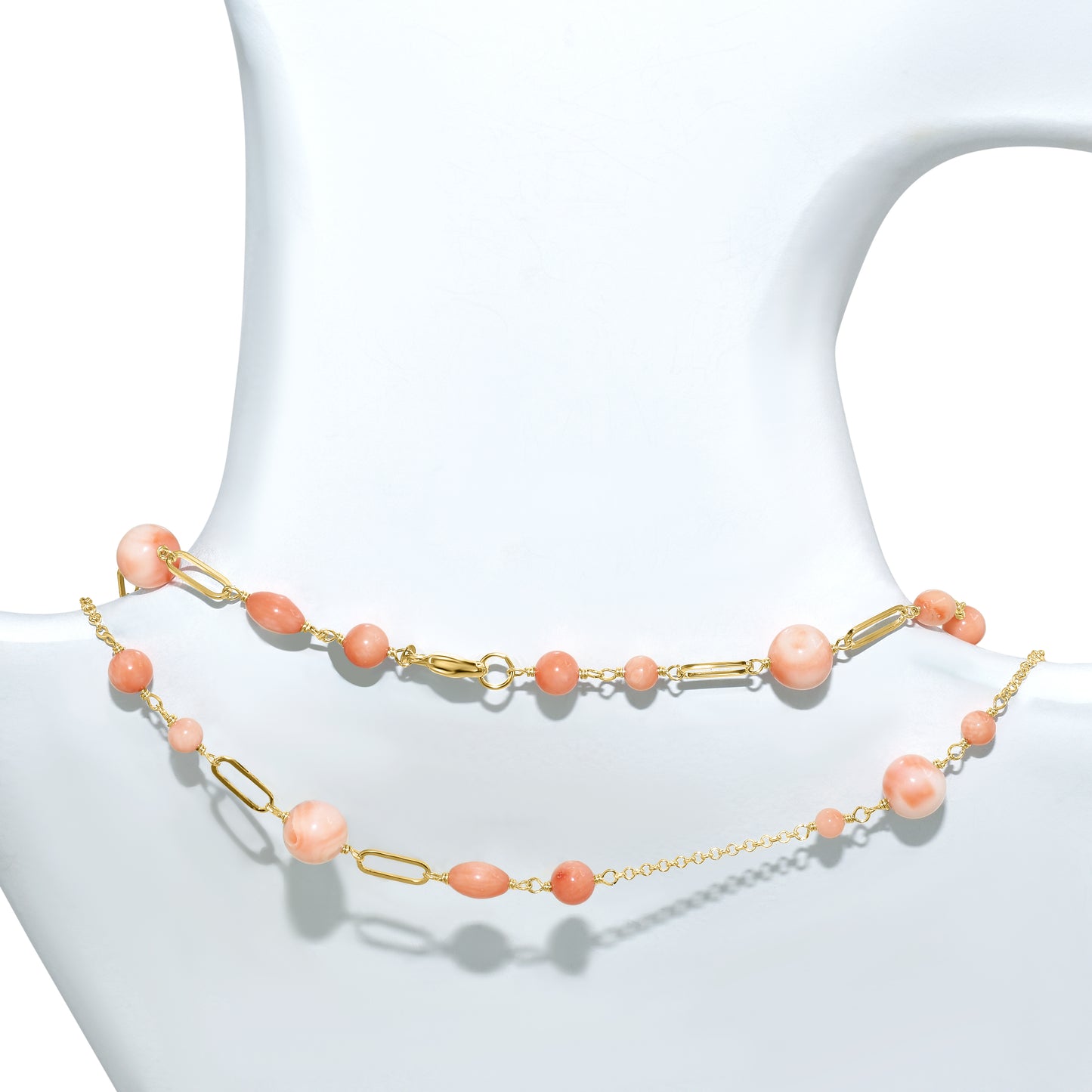 14k Pink Coral Paperclip Station Necklace