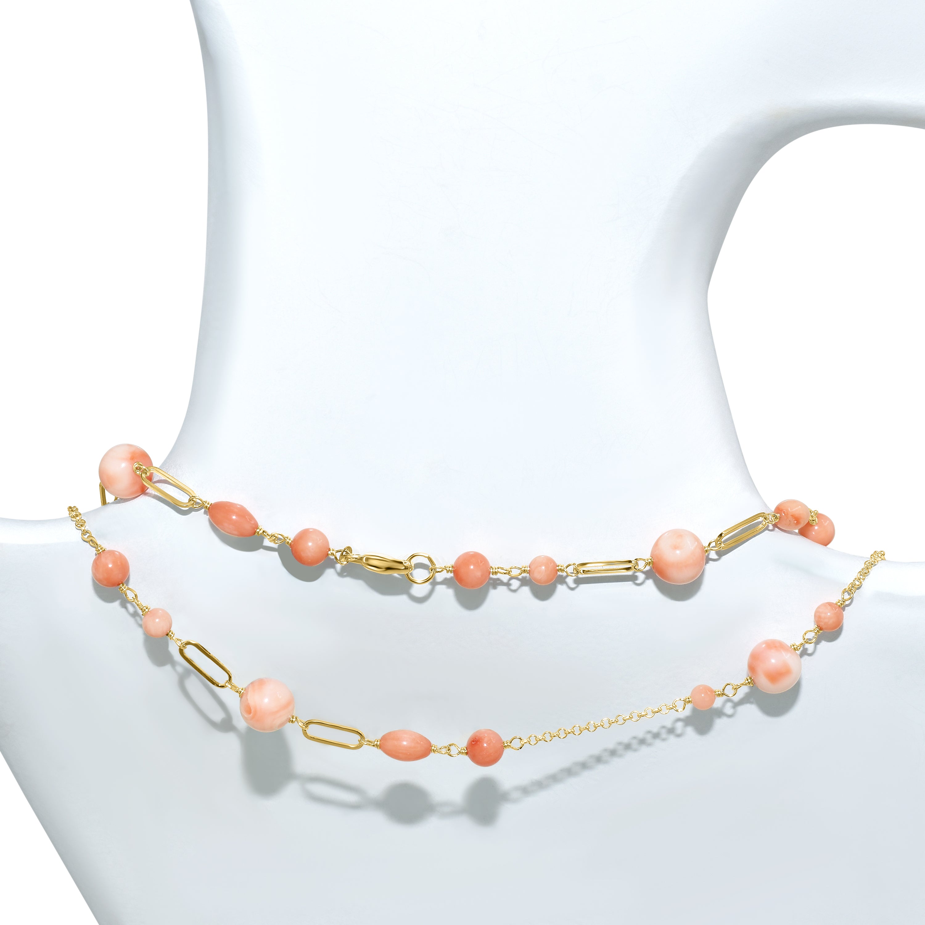 14k Pink Coral Paperclip Station Necklace