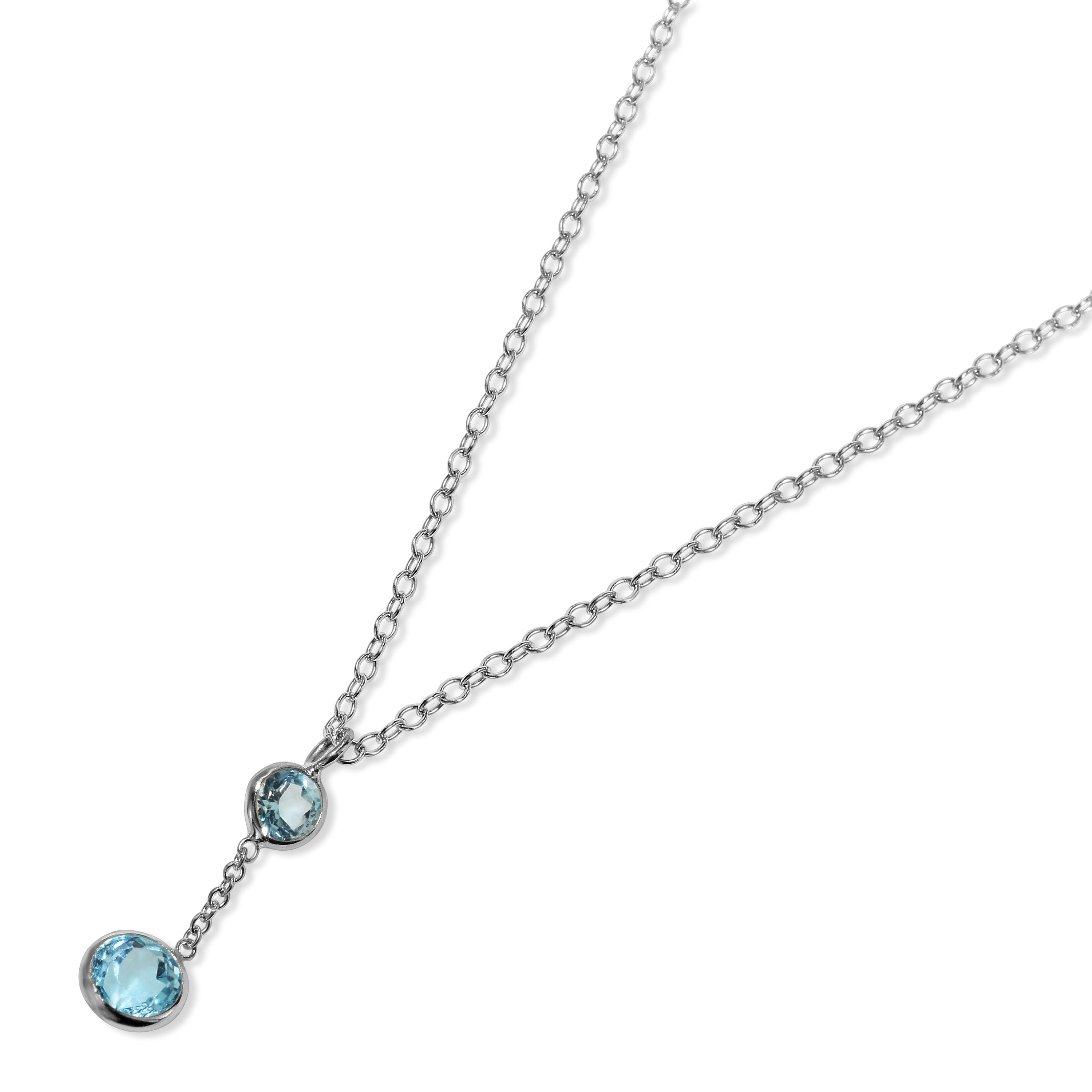 14k White Gold Swiss Blue Topaz Round Bezel Pendant Necklace