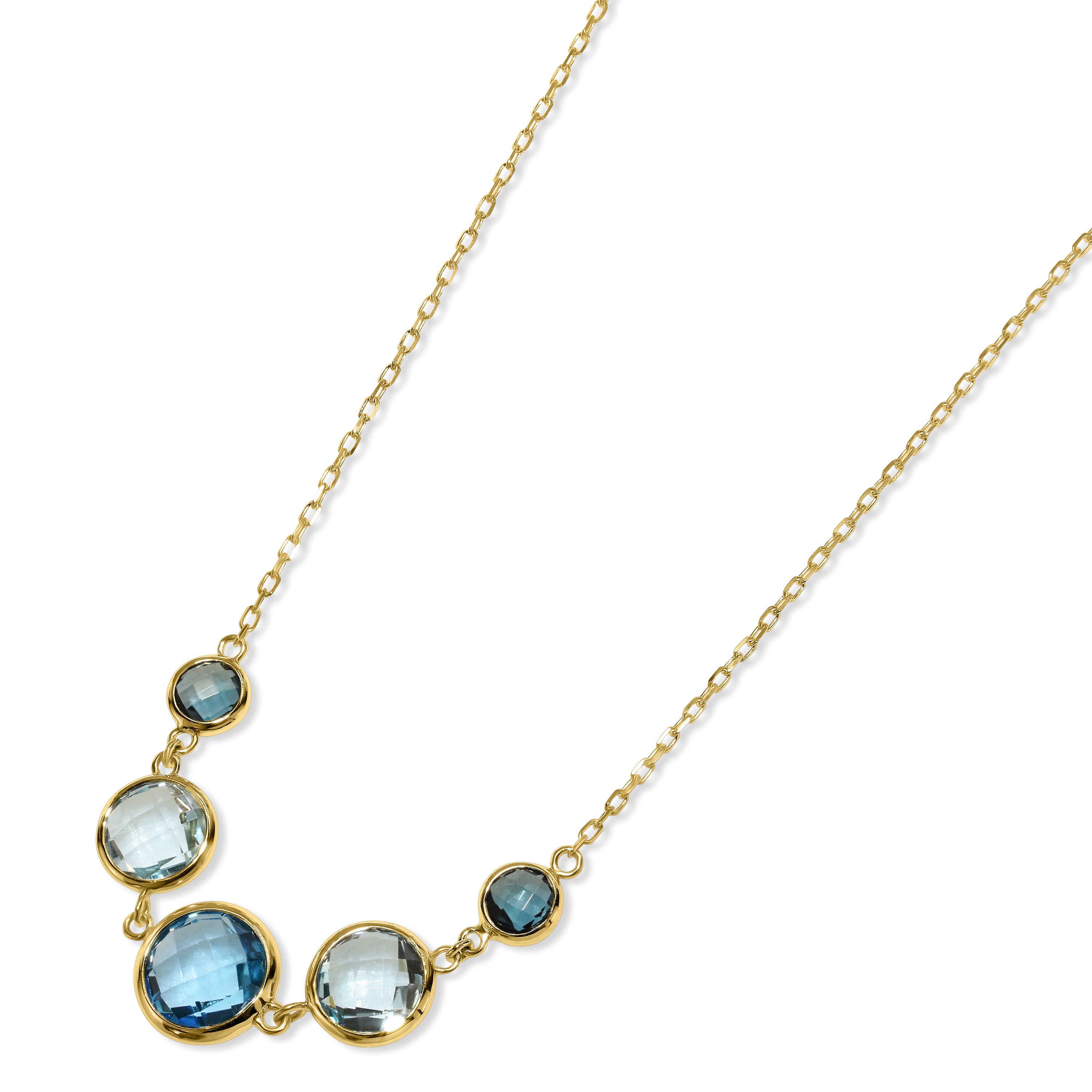 14k Blue Topaz Graduated Round Bezel Necklace