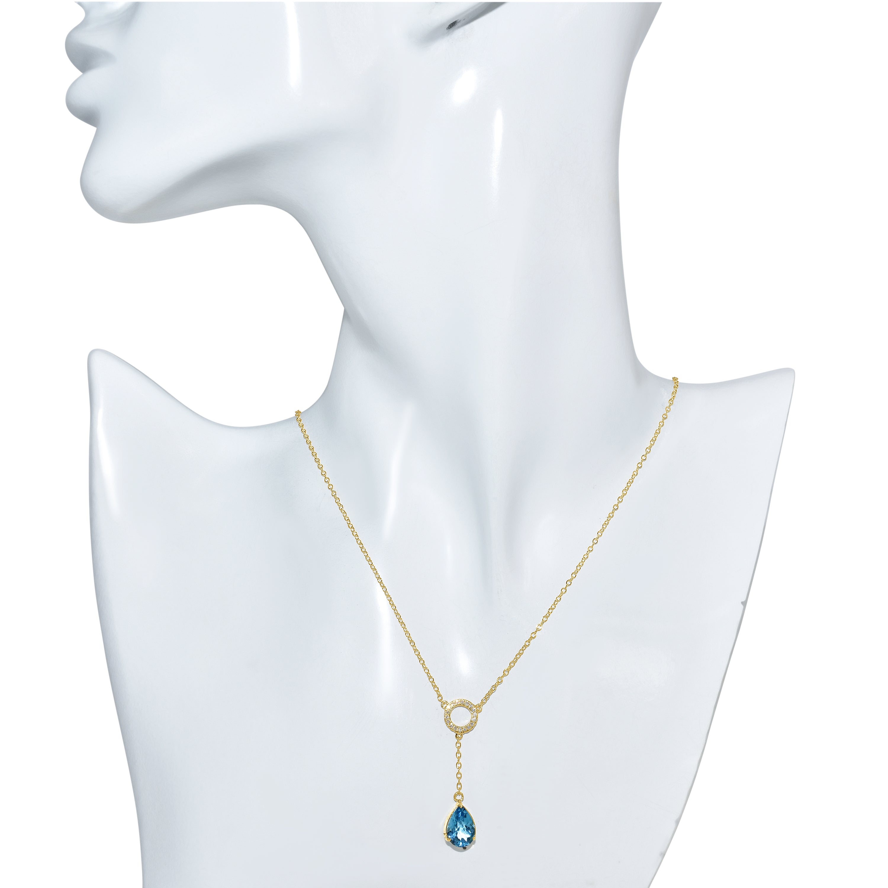 14k Swiss Blue Topaz Diamond Open Circle Y Necklace