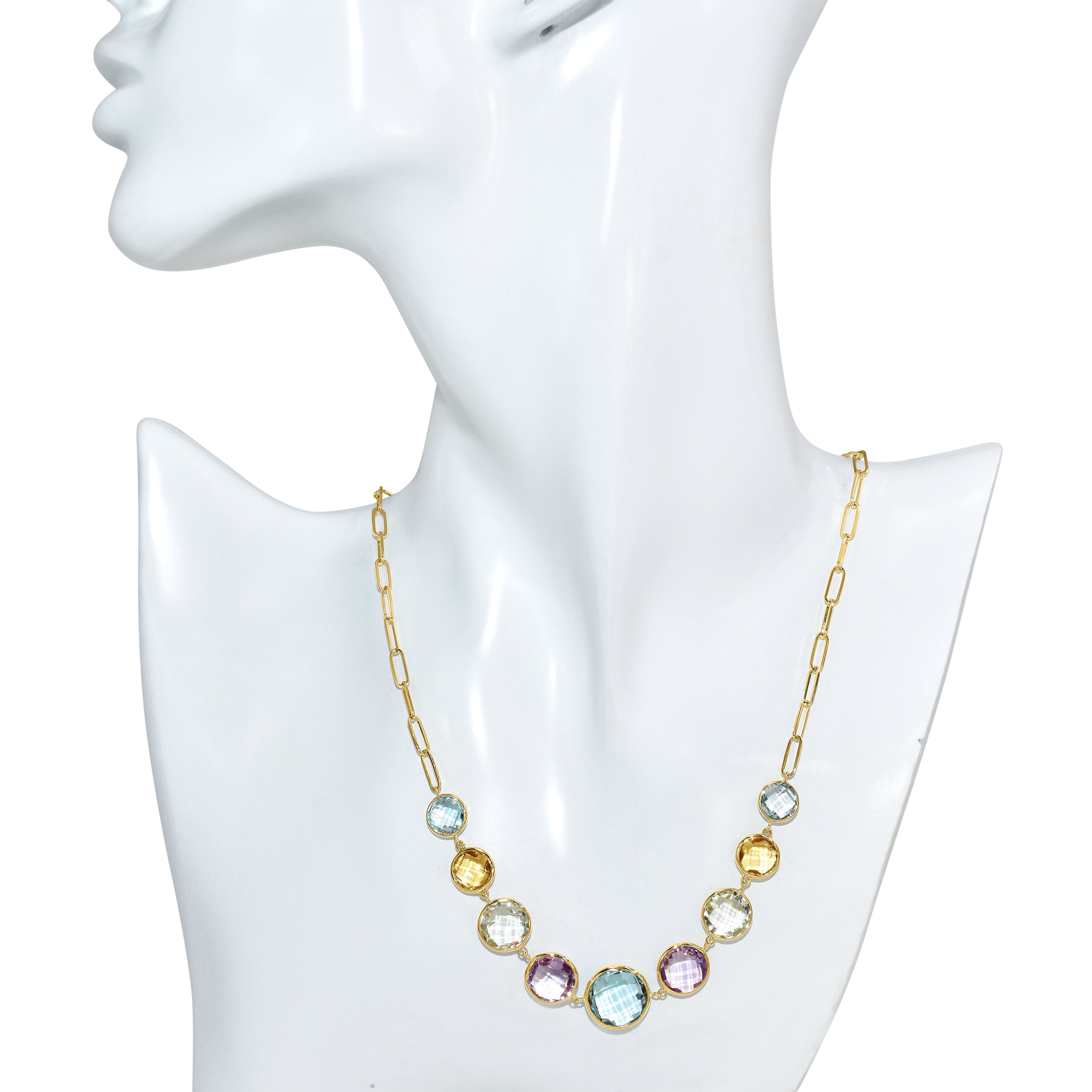 14k Multi Gem 9 Round Bezel Paperclip Necklace