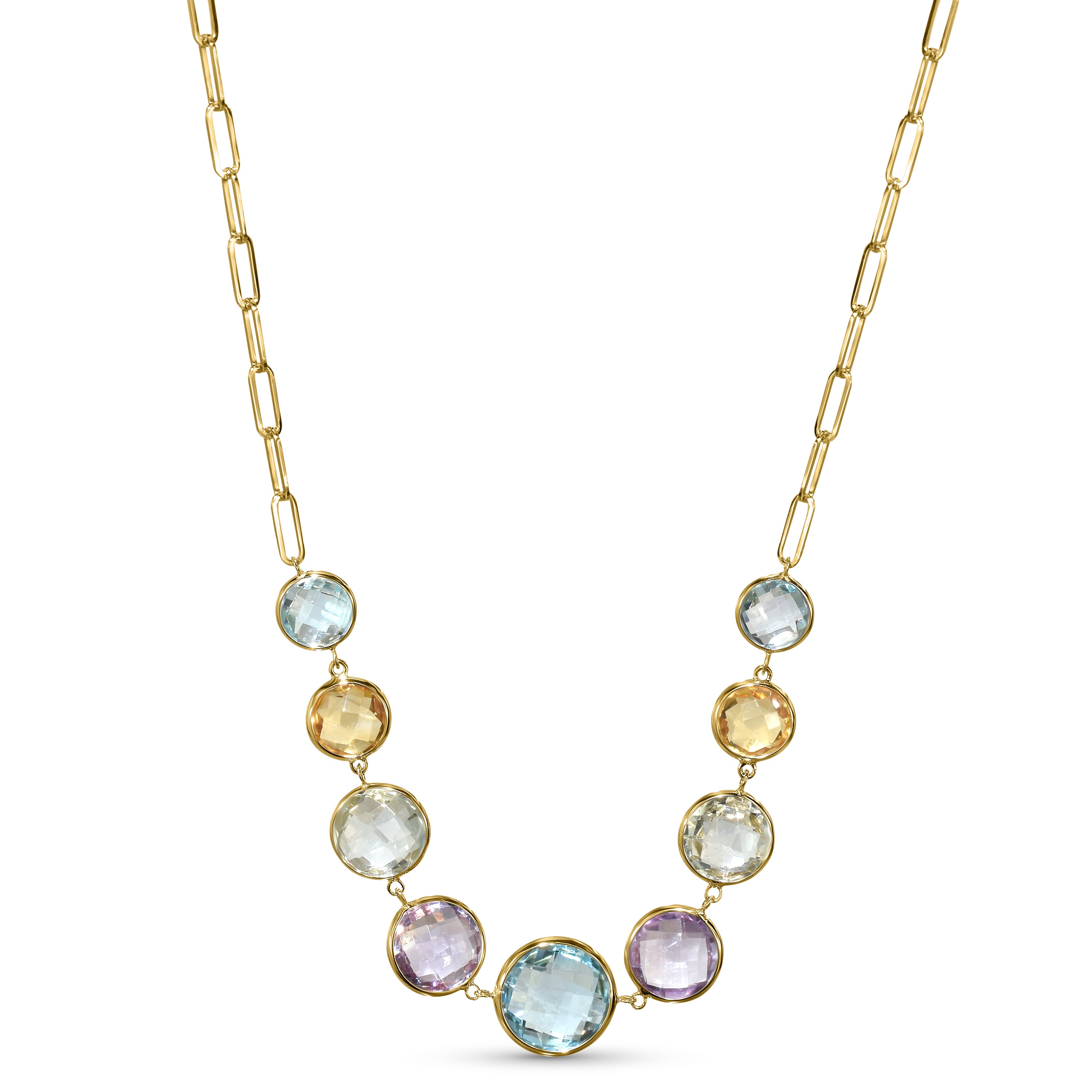 14k Multi Gem 9 Round Bezel Paperclip Necklace