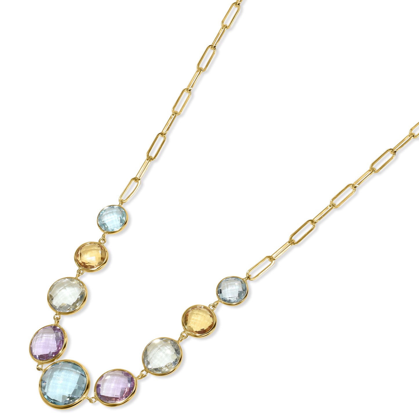 14k Multi Gem 9 Round Bezel Paperclip Necklace