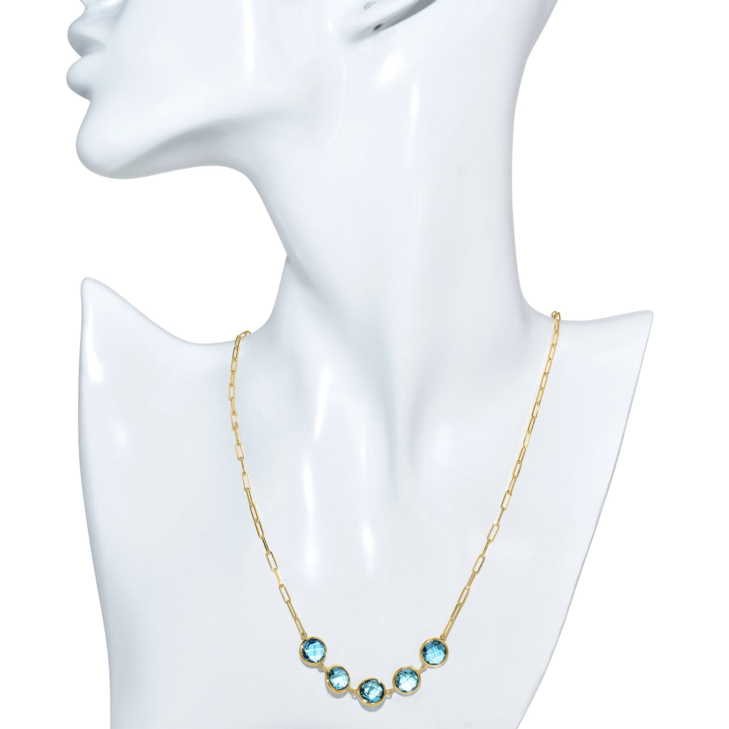 14k Swiss Blue Topaz 5 Round Bezel Paperclip Necklace