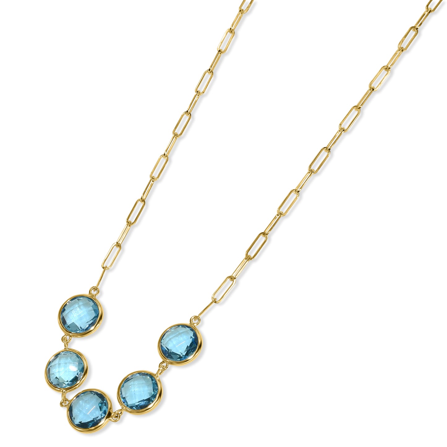 14k Swiss Blue Topaz 5 Round Bezel Paperclip Necklace