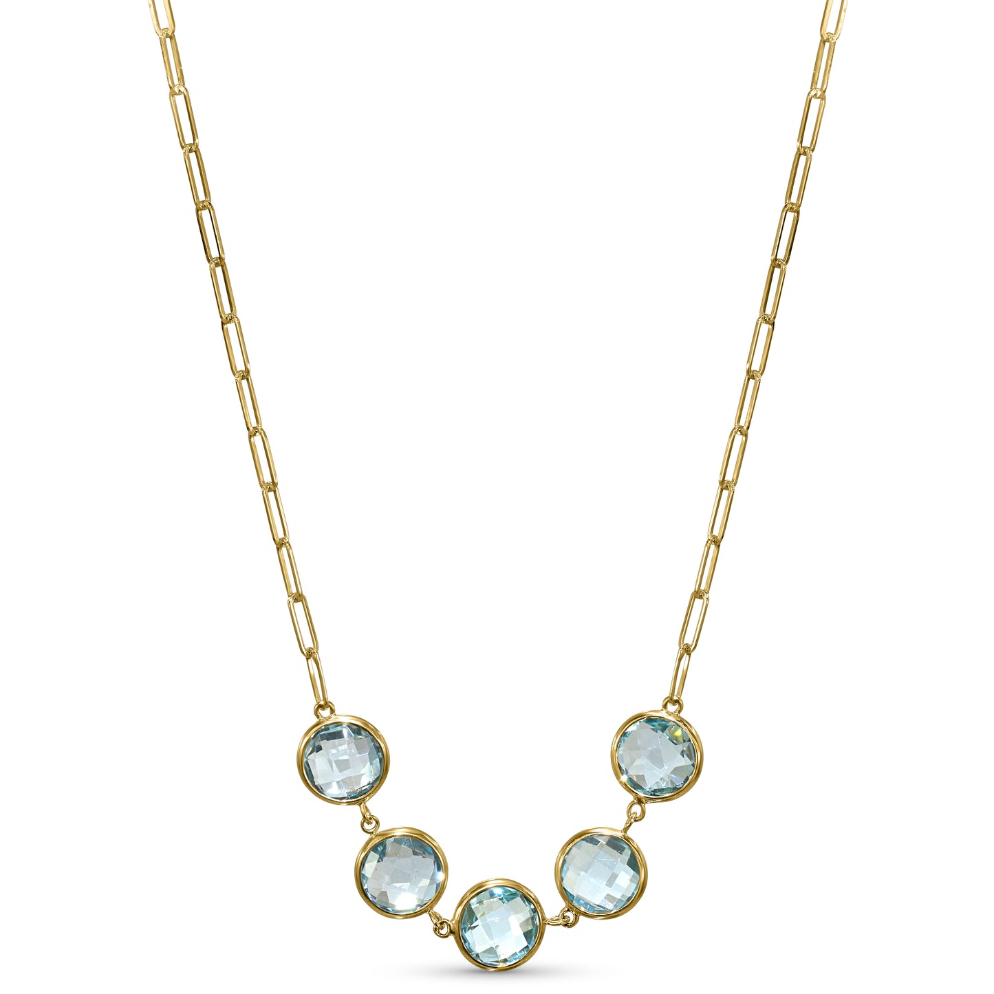 14k Blue Topaz 5 Round Bezel Paperclip Necklace