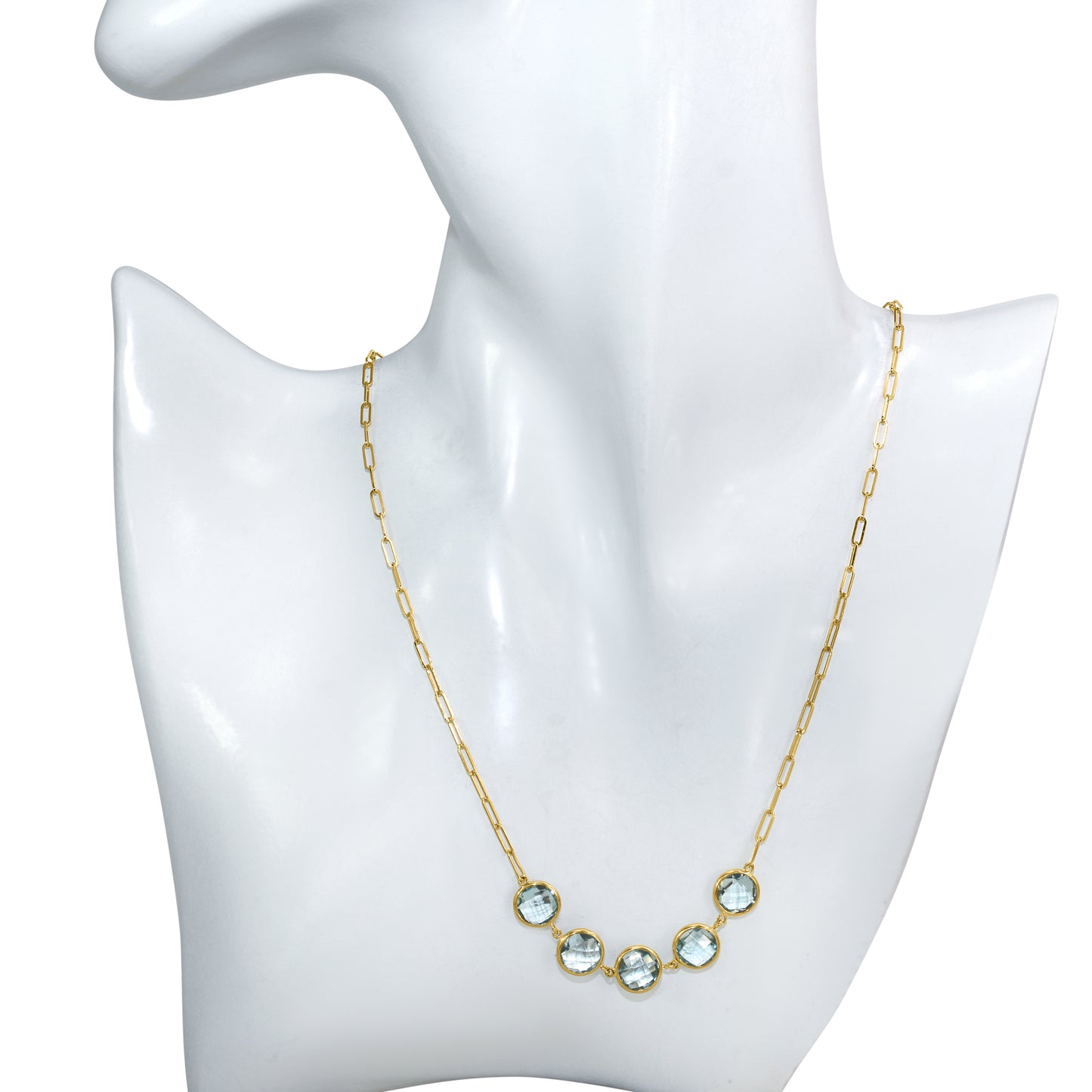 14k Blue Topaz 5 Round Bezel Paperclip Necklace