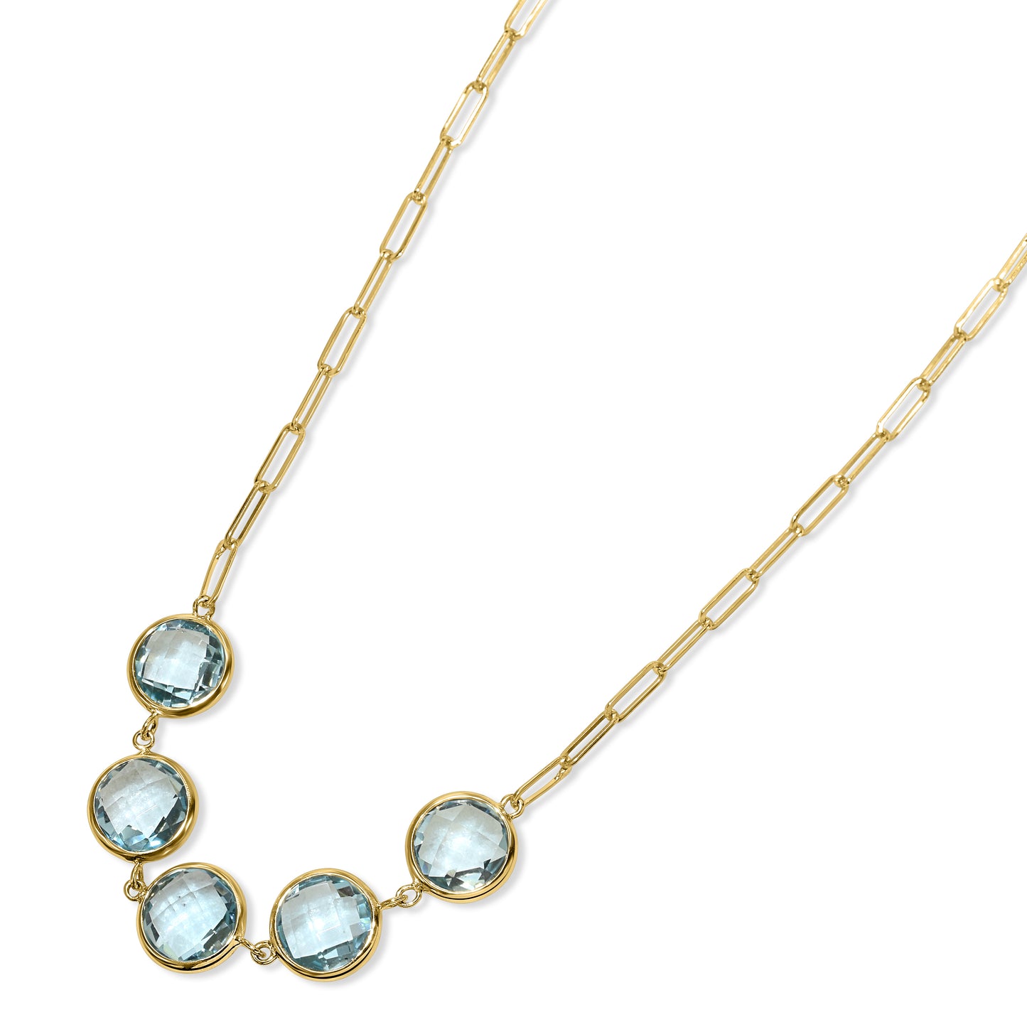 14k Blue Topaz 5 Round Bezel Paperclip Necklace