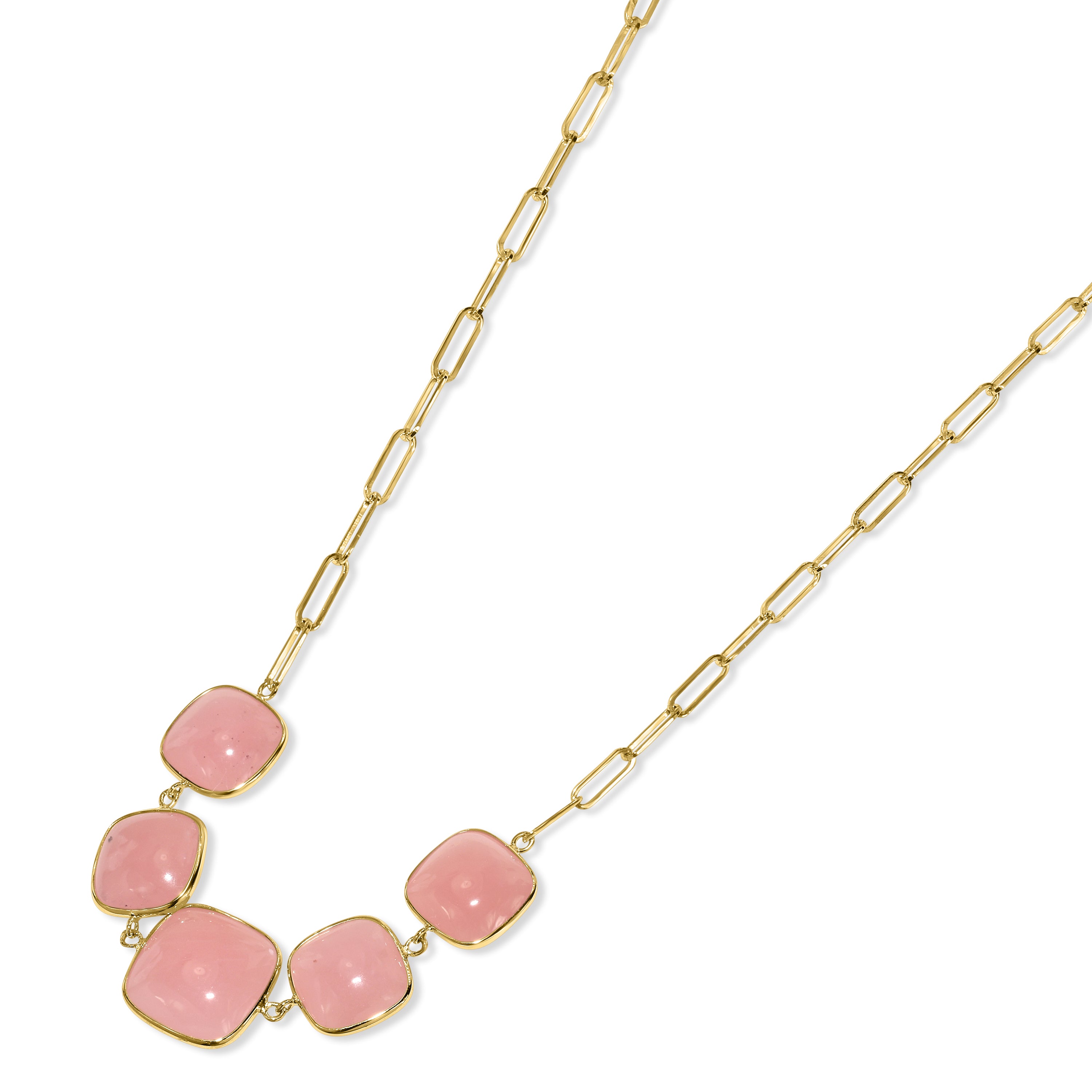 14K Guava Quartz 5 Cushion Bezel Paperclip Necklace