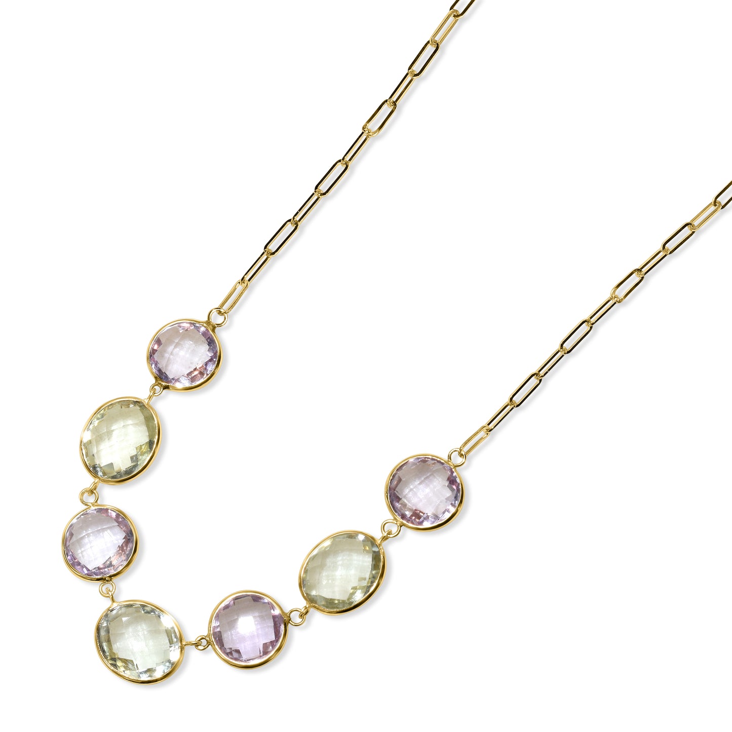 14k Pink Green Amethyst Bezel Paperclip Necklace