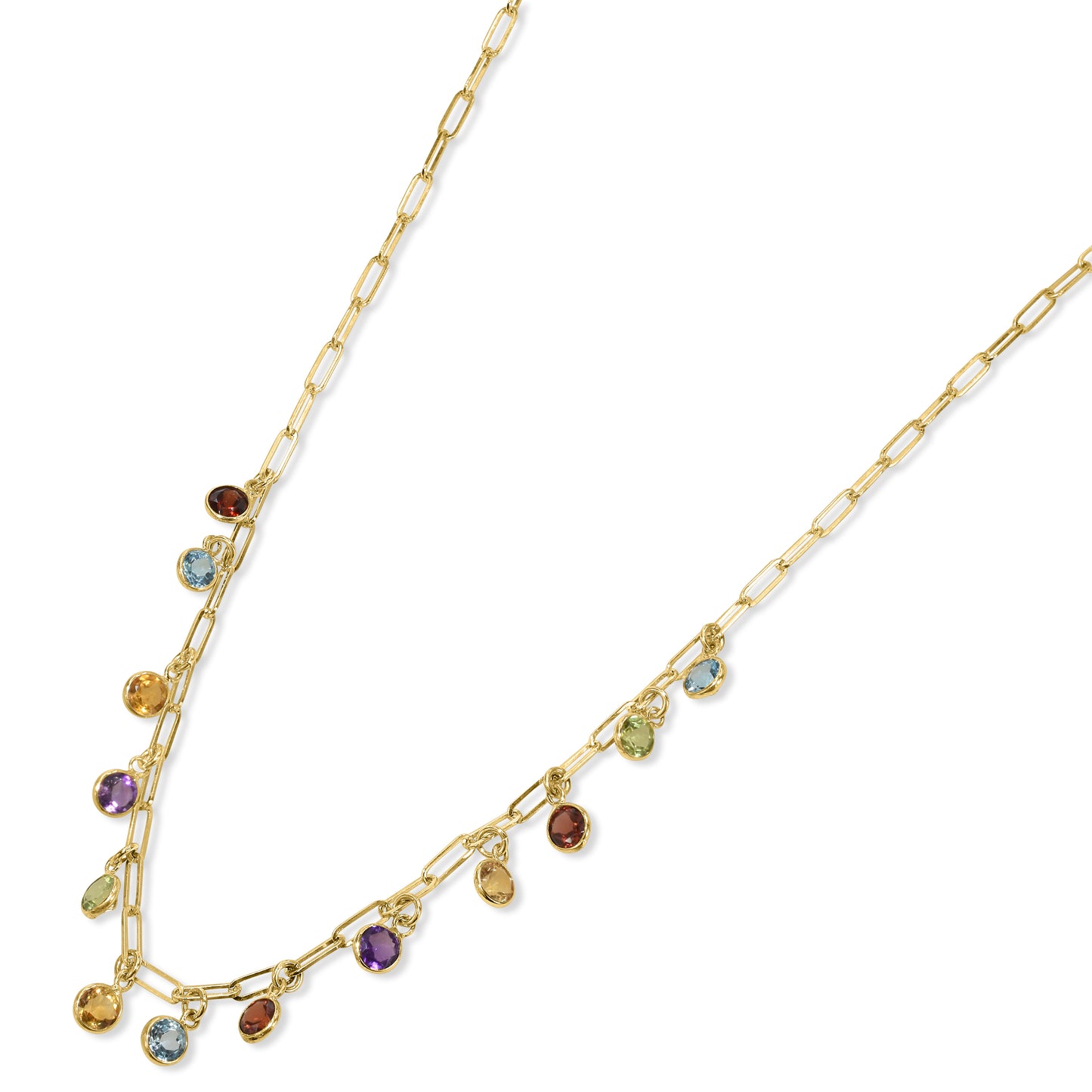 14k Multi Gemstone 13 Round Bezel Paperclip Necklace