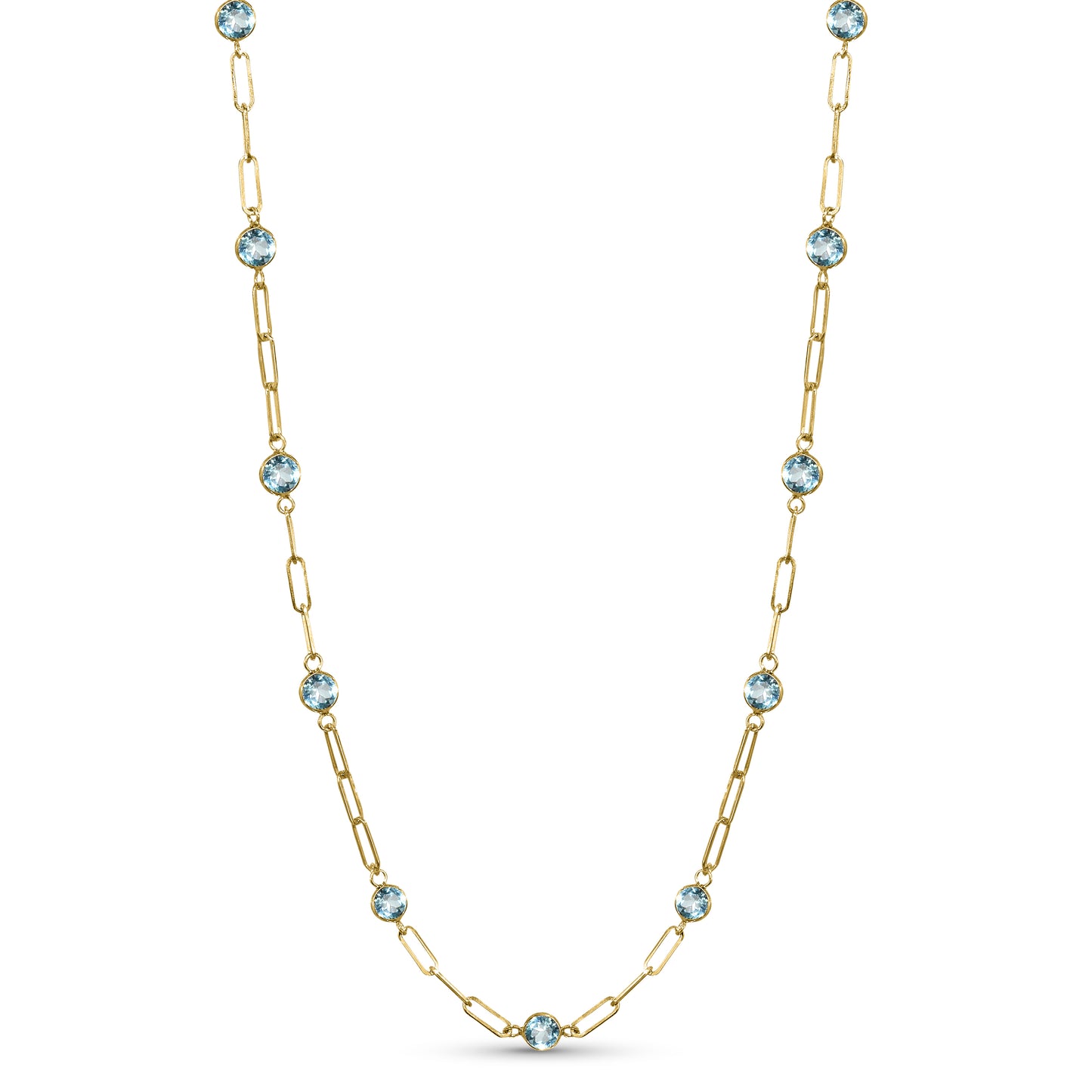 14k Swiss Blue Topaz 13 Station Paperclip Necklace