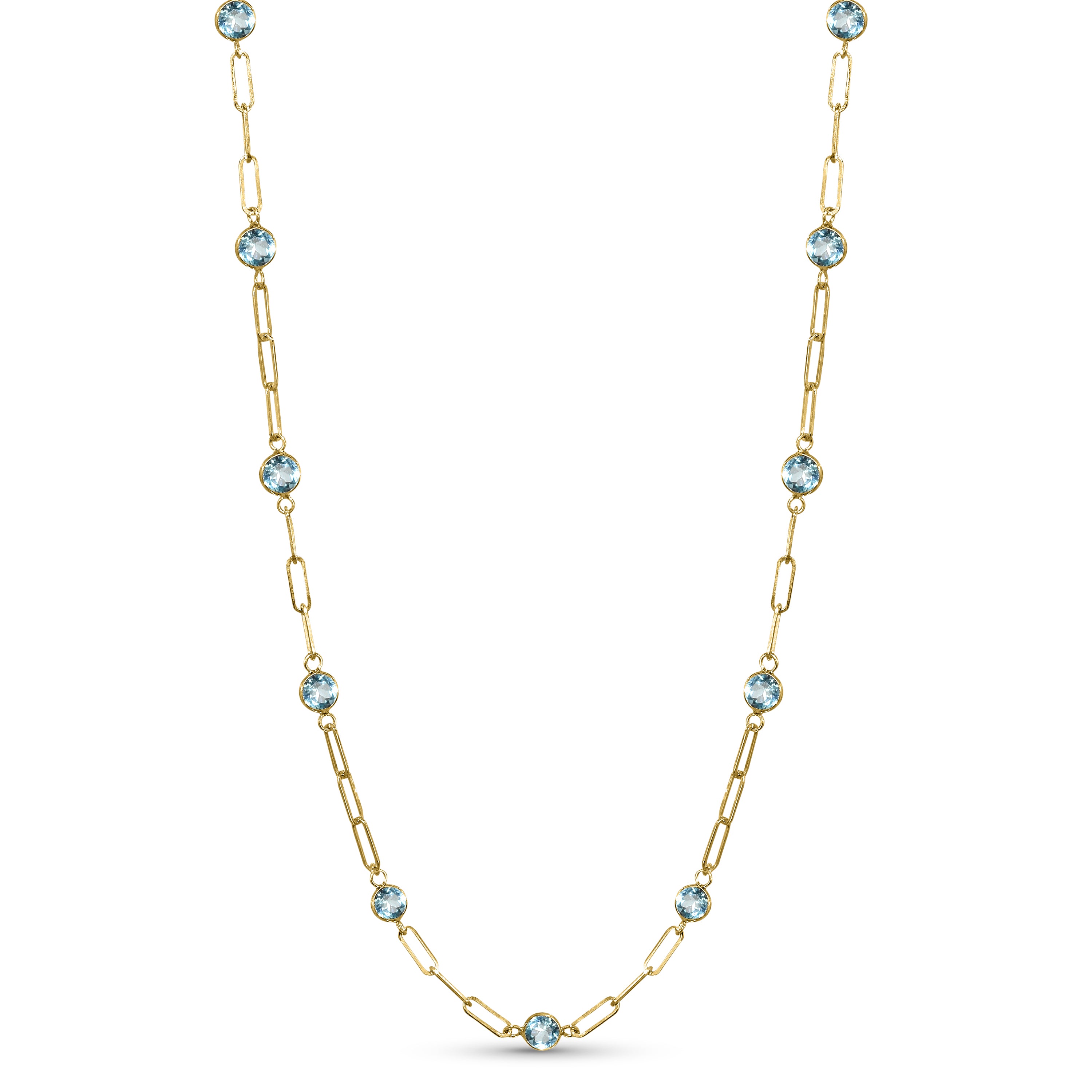 14k Swiss Blue Topaz 13 Station Paperclip Necklace
