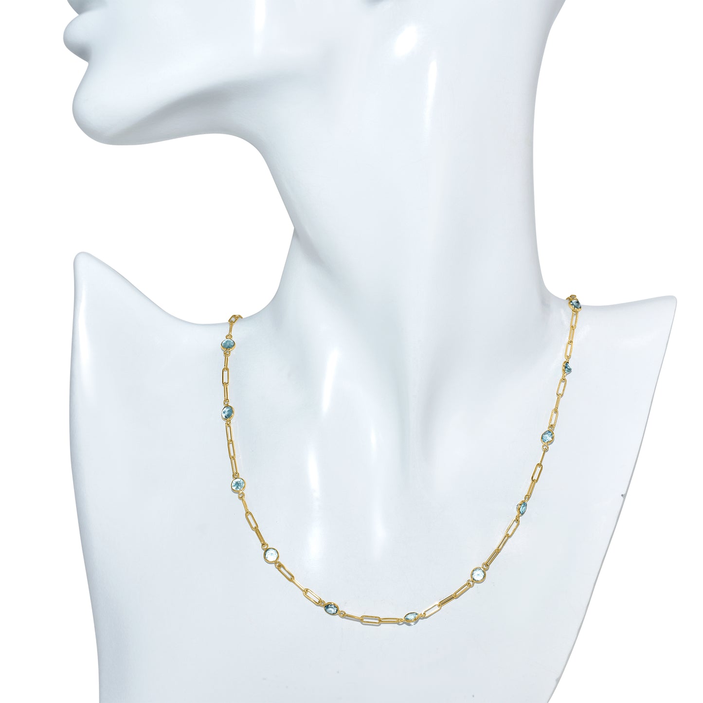 14k Swiss Blue Topaz 13 Station Paperclip Necklace