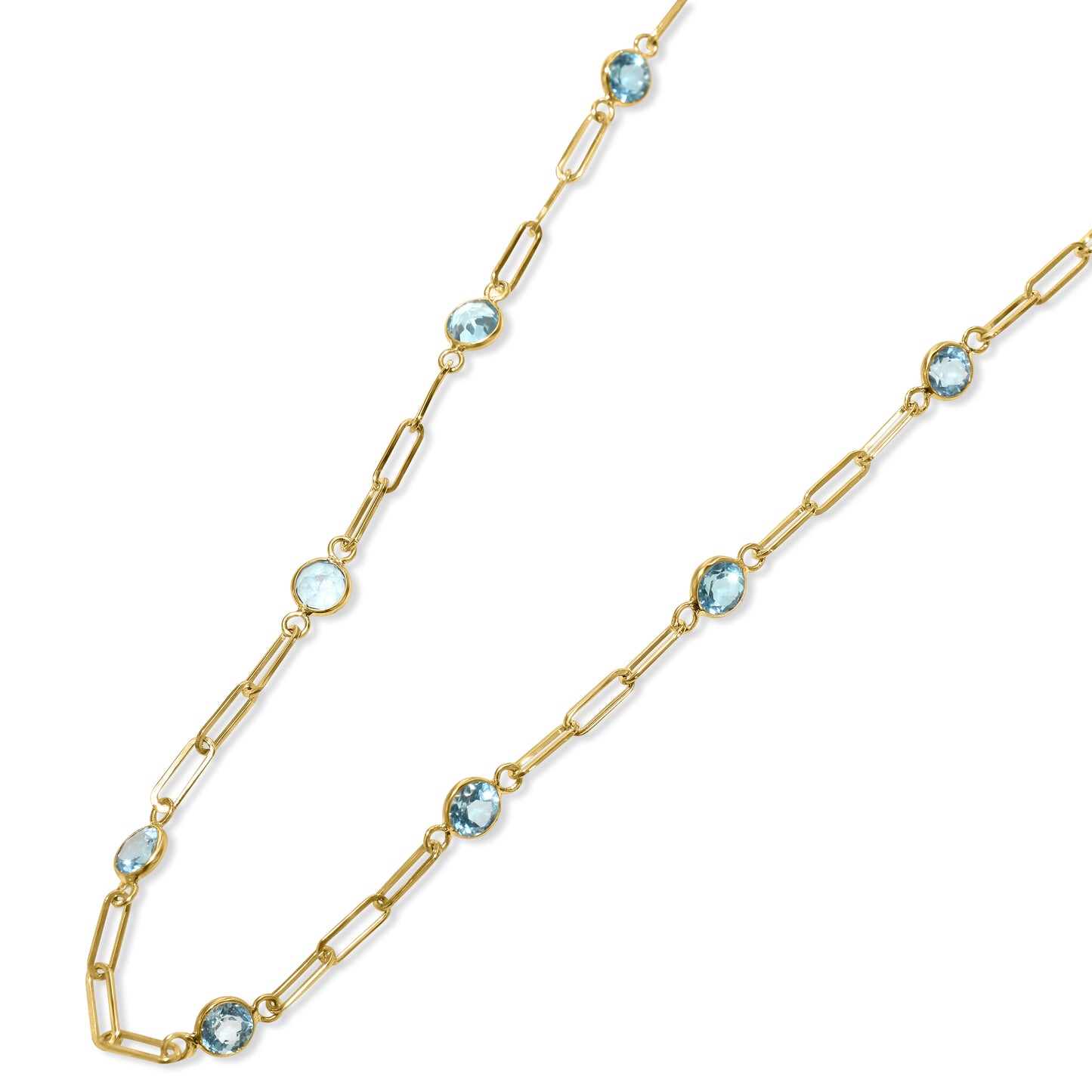 14k Swiss Blue Topaz 13 Station Paperclip Necklace