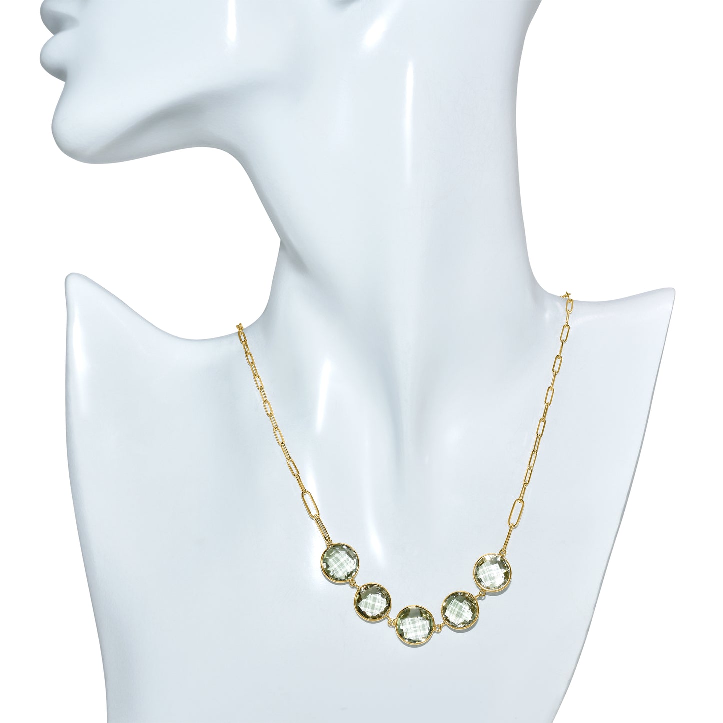 14k Green Amethyst 5 Round Bezel Paperclip Necklace
