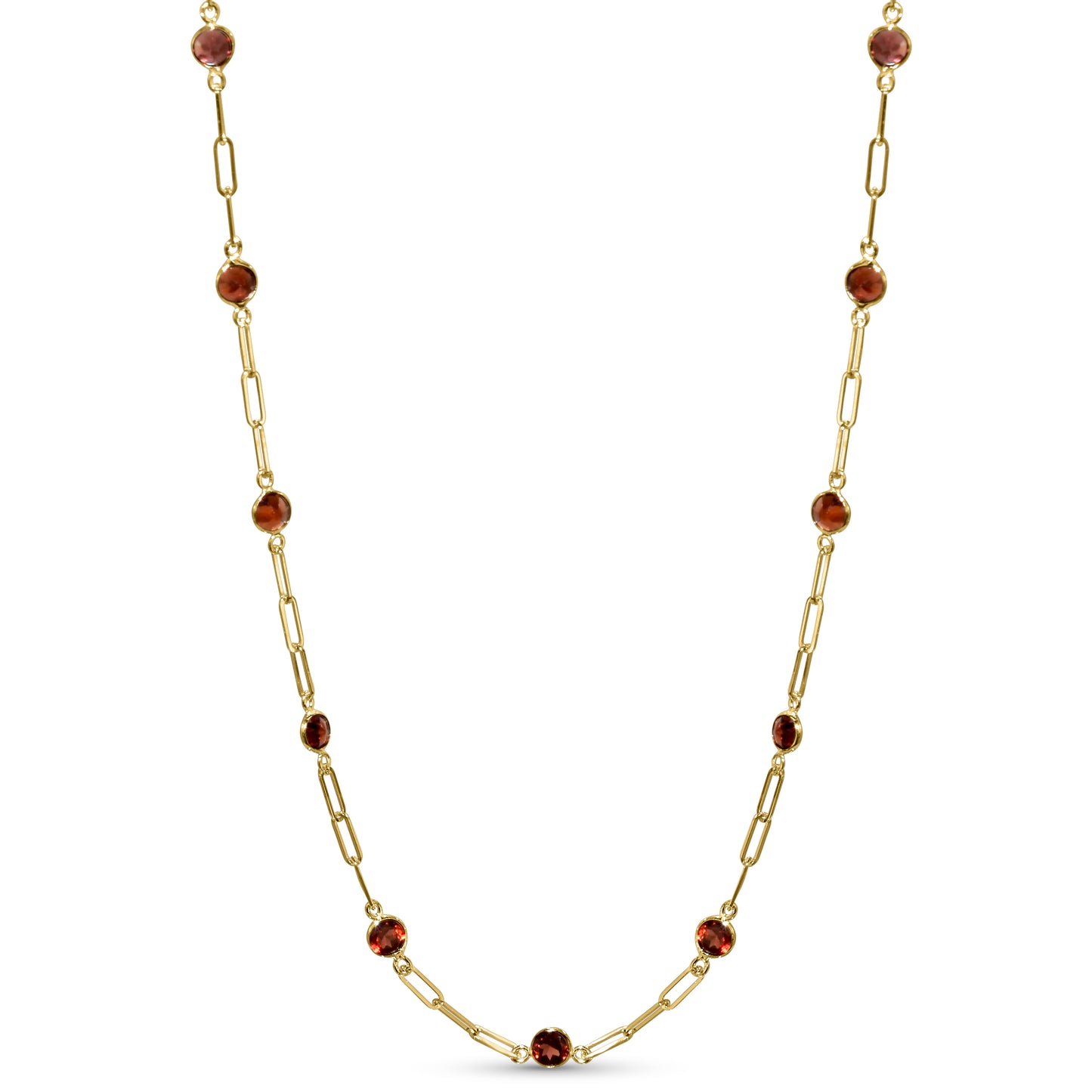 14k Garnet 13 Station Paperclip Necklace