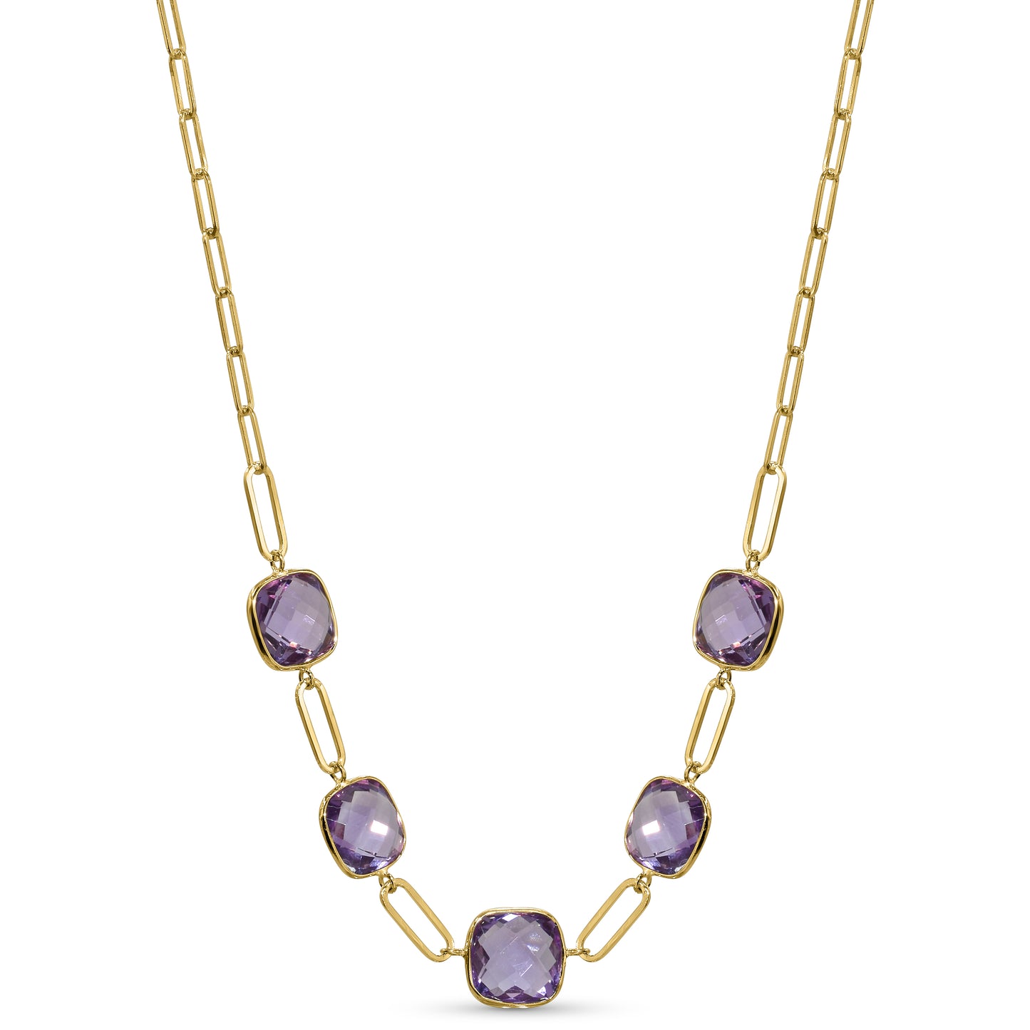 14k Amethyst 5 Cushion Bezel Paperclip Necklace