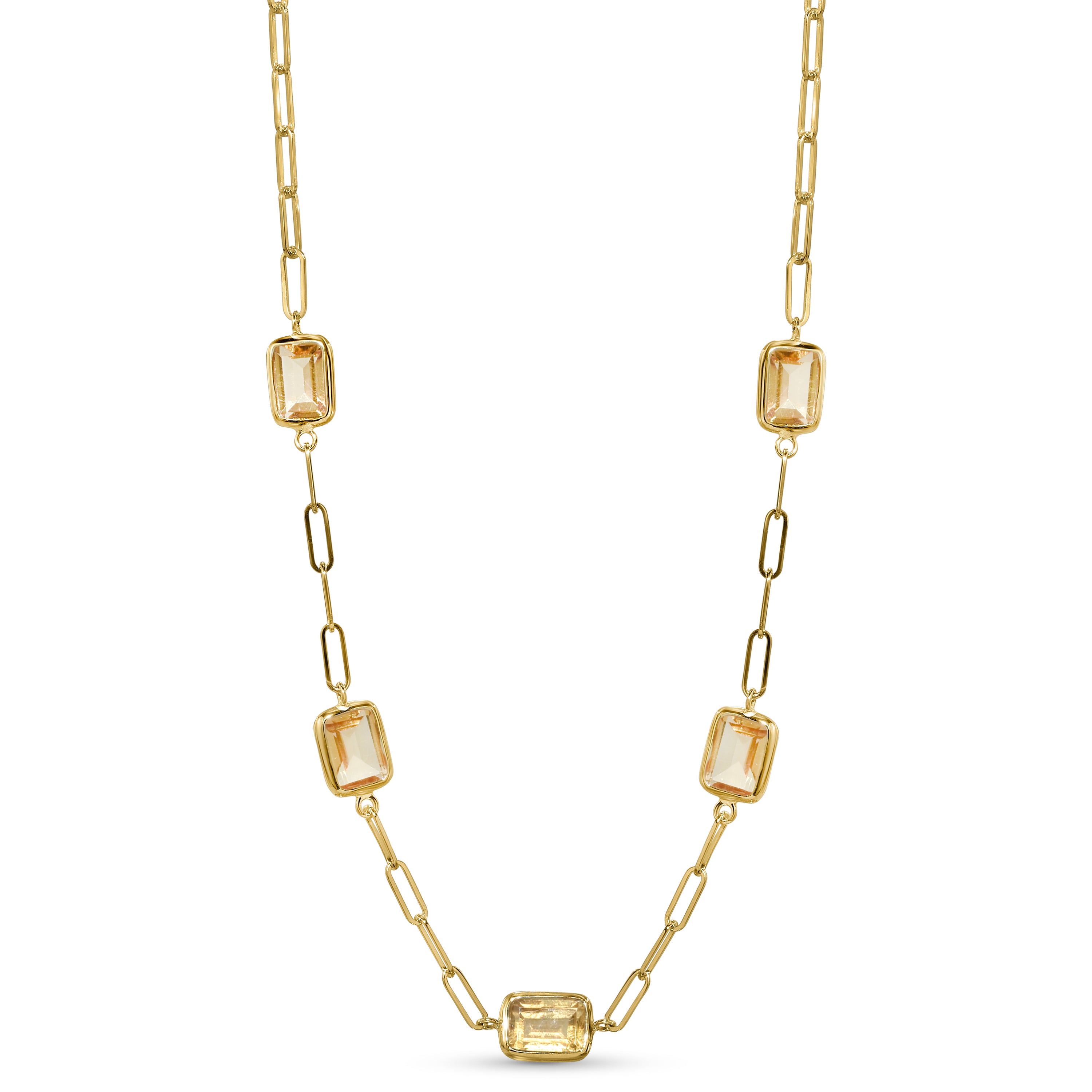 14k Citrine 5 Bezel Paperclip Necklace